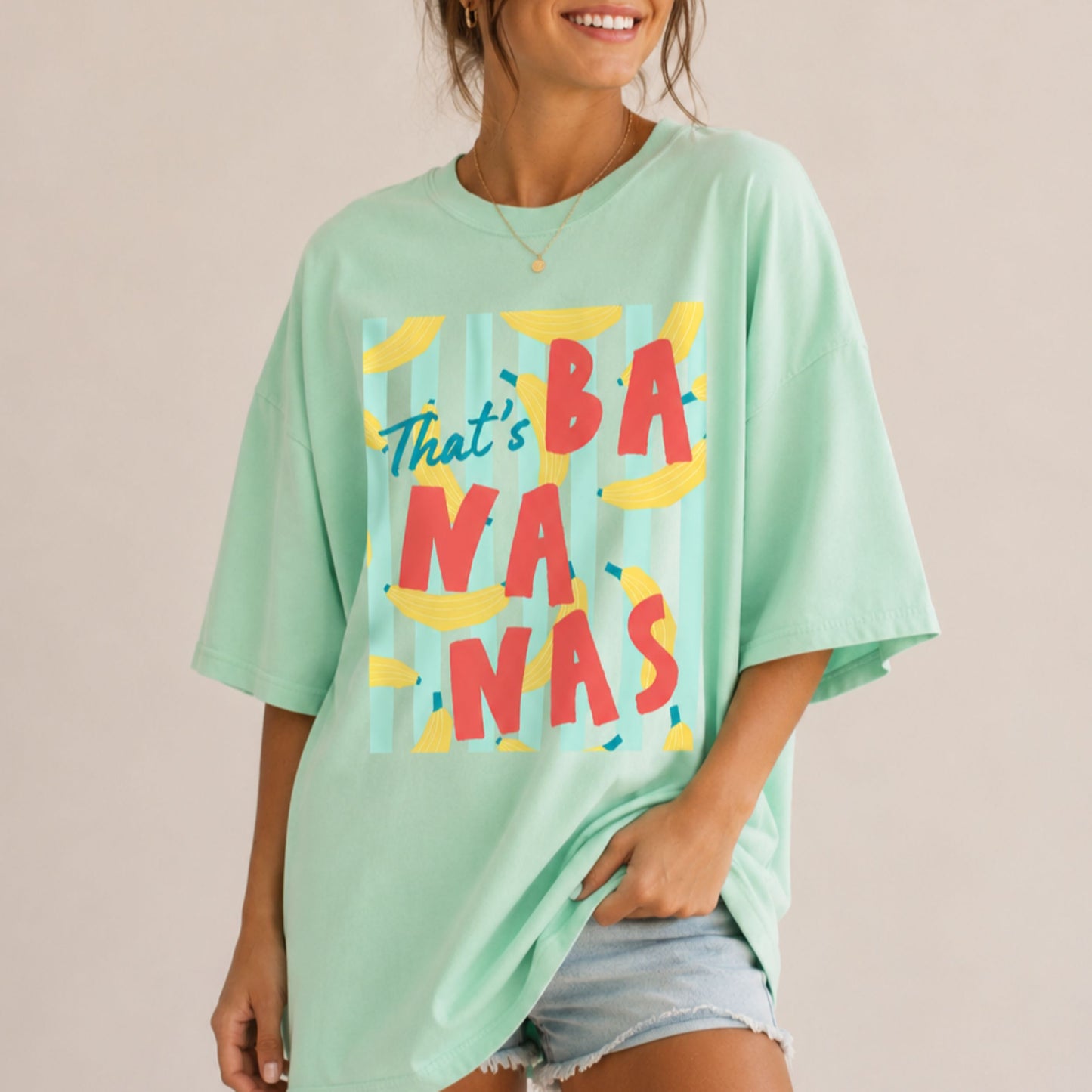 Woman wearing a t-shirt that says That's Bananas