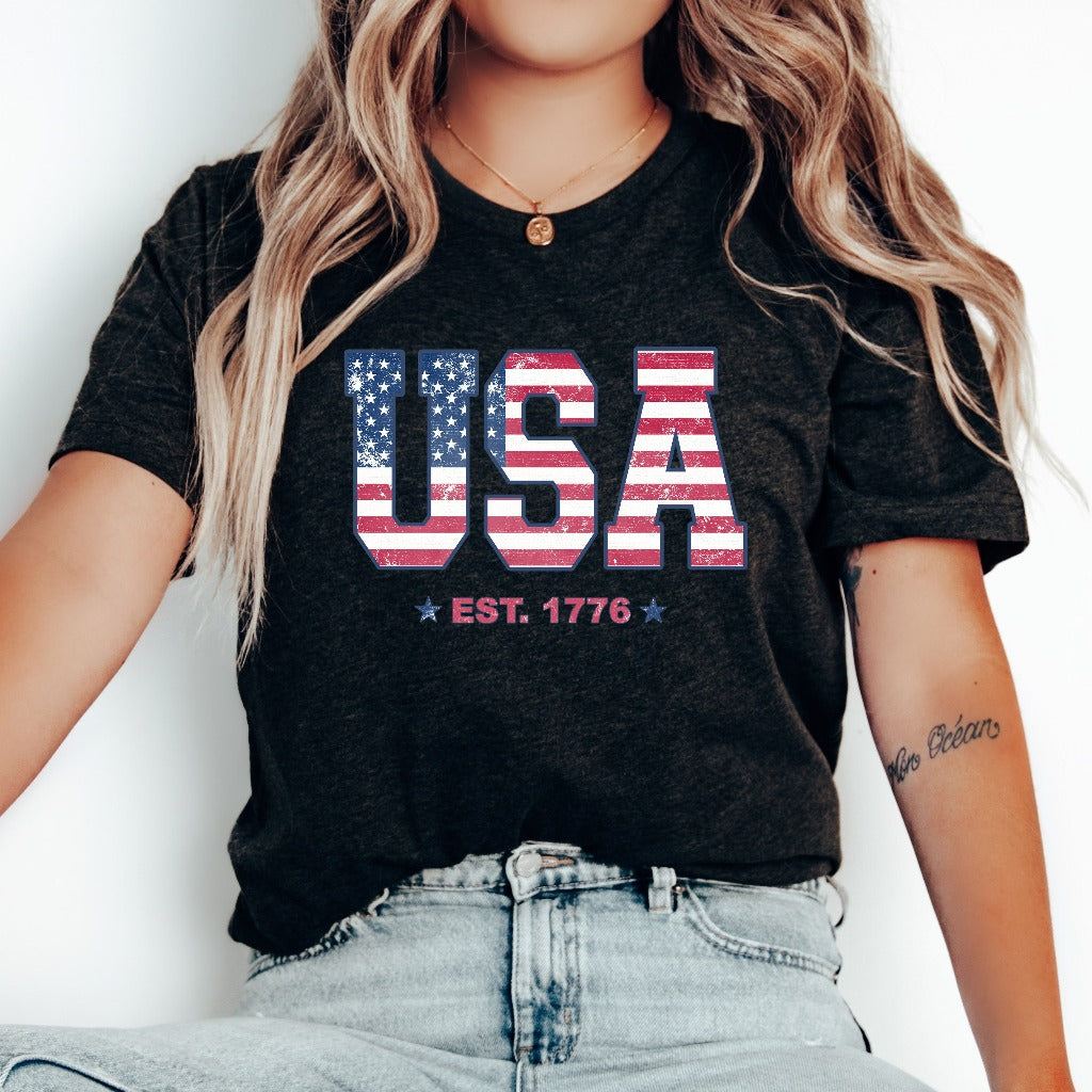 Retro USA Flag Est. 1776 Shirt, 4th of July Graphic Tee, American Flag TShirt, Independence Day T-Shirt, Fourth of July Shirt, Fireworks Tee