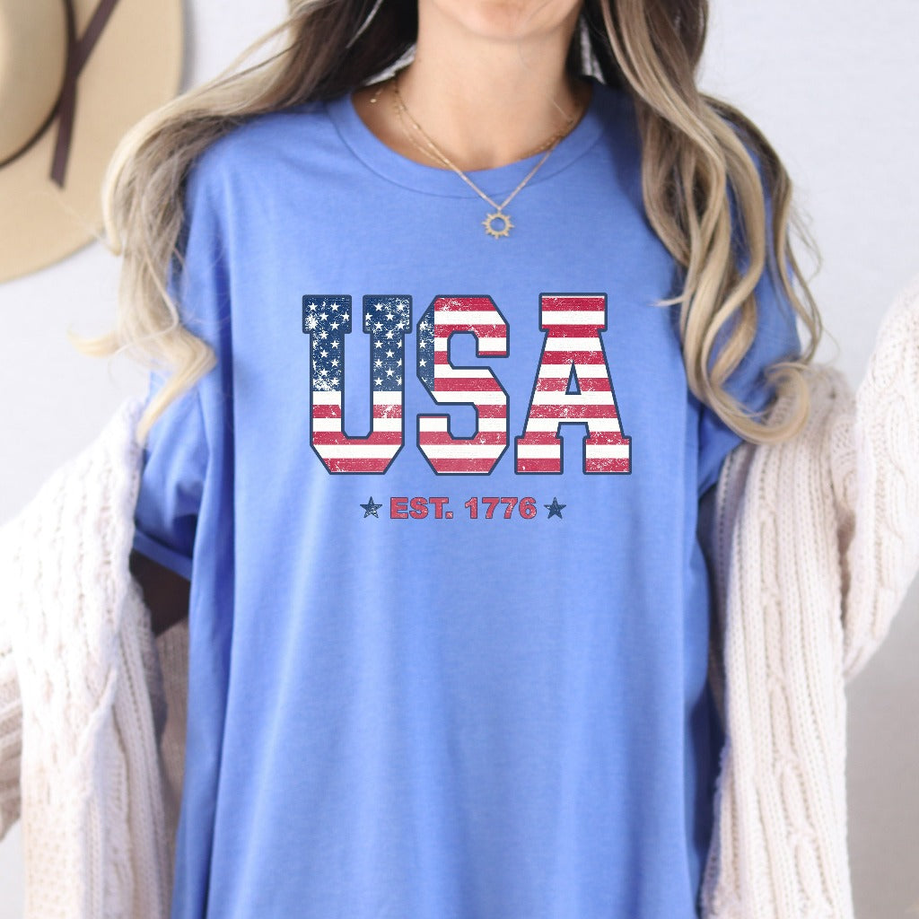 Retro USA Flag Est. 1776 Shirt, 4th of July Graphic Tee, American Flag TShirt, Independence Day T-Shirt, Fourth of July Shirt, Fireworks Tee