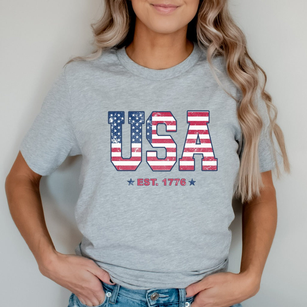 Retro USA Flag Est. 1776 Shirt, 4th of July Graphic Tee, American Flag TShirt, Independence Day T-Shirt, Fourth of July Shirt, Fireworks Tee