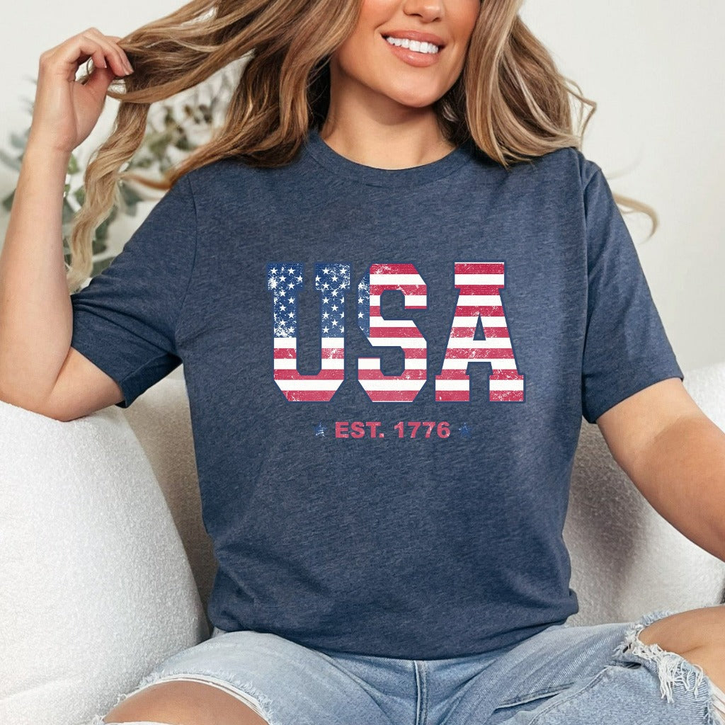 Retro USA Flag Est. 1776 Shirt, 4th of July Graphic Tee, American Flag TShirt, Independence Day T-Shirt, Fourth of July Shirt, Fireworks Tee