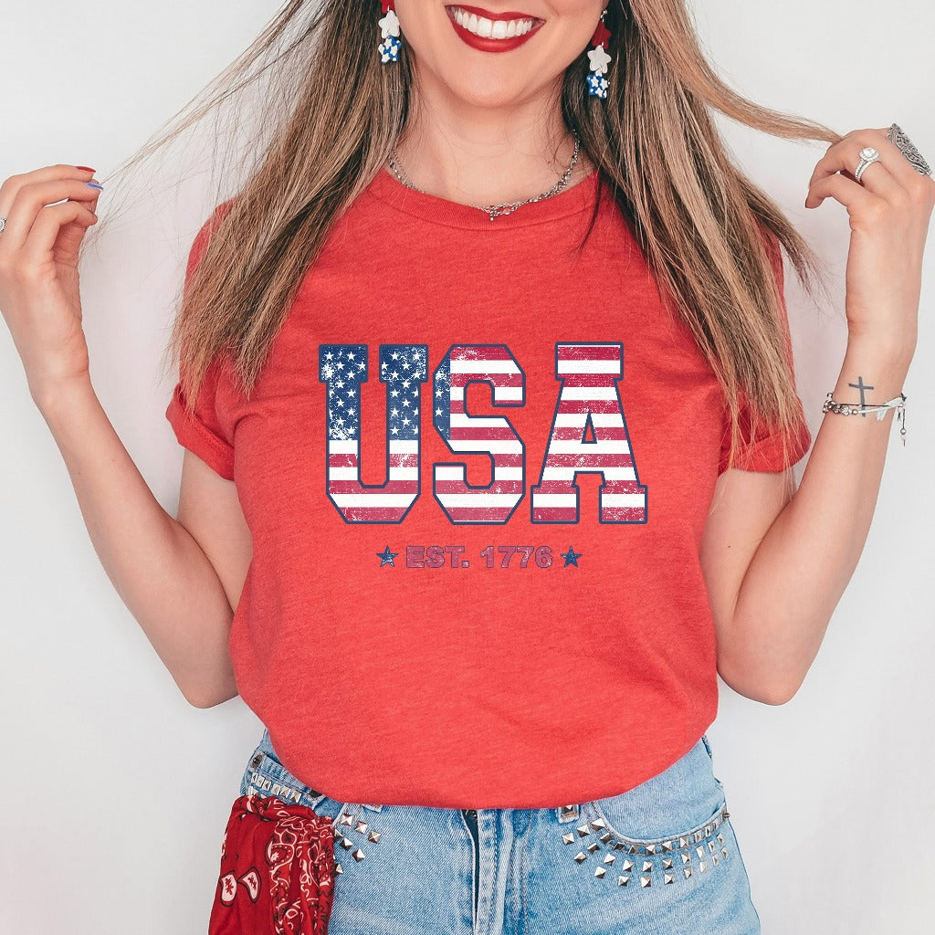 Retro USA Flag Est. 1776 Shirt, 4th of July Graphic Tee, American Flag TShirt, Independence Day T-Shirt, Fourth of July Shirt, Fireworks Tee