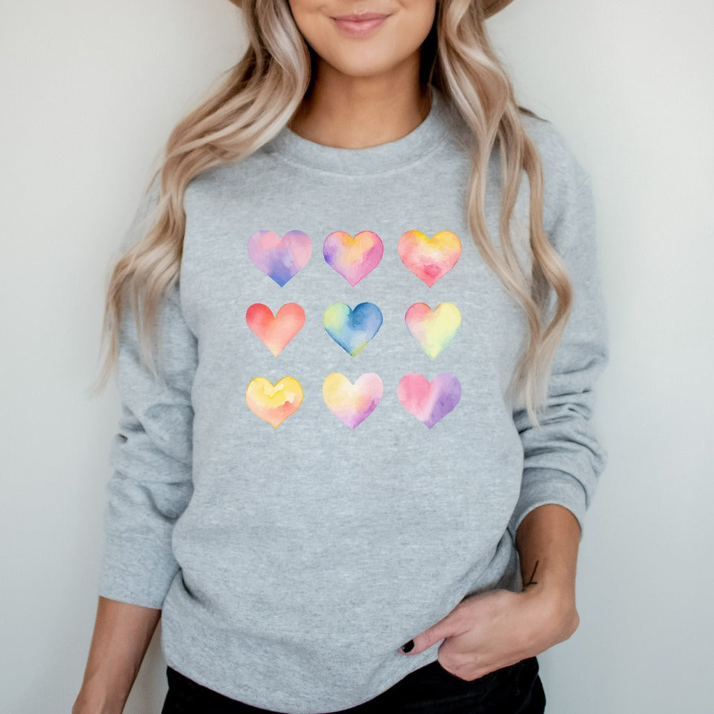 Watercolor Heart Sweatshirt, Heart Crewneck, Valentine's Day Sweater, Vintage Hearts Graphic Tee, Valentines Pullover, Love Sweater, Hearts