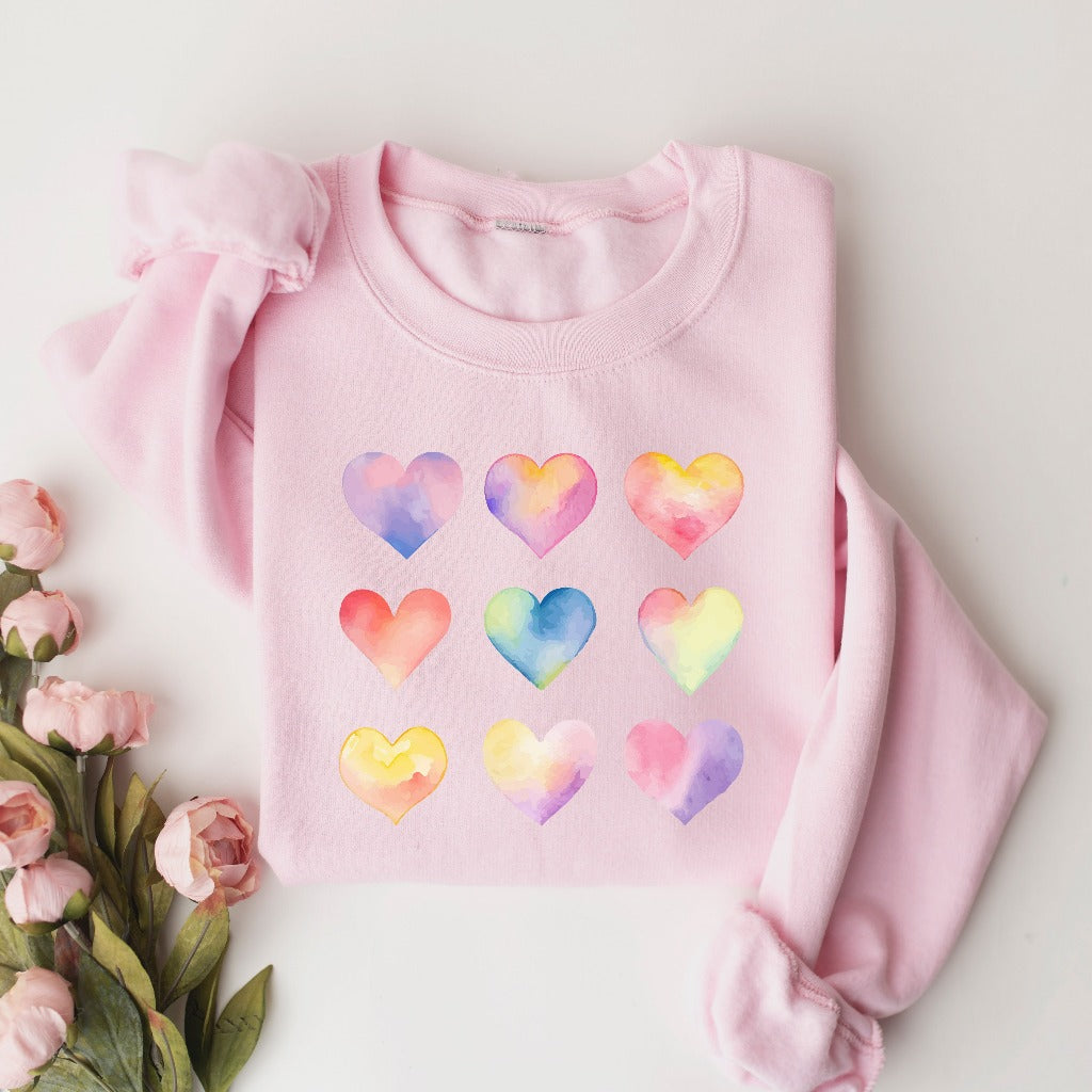 Watercolor Heart Sweatshirt, Heart Crewneck, Valentine's Day Sweater, Vintage Hearts Graphic Tee, Valentines Pullover, Love Sweater, Hearts