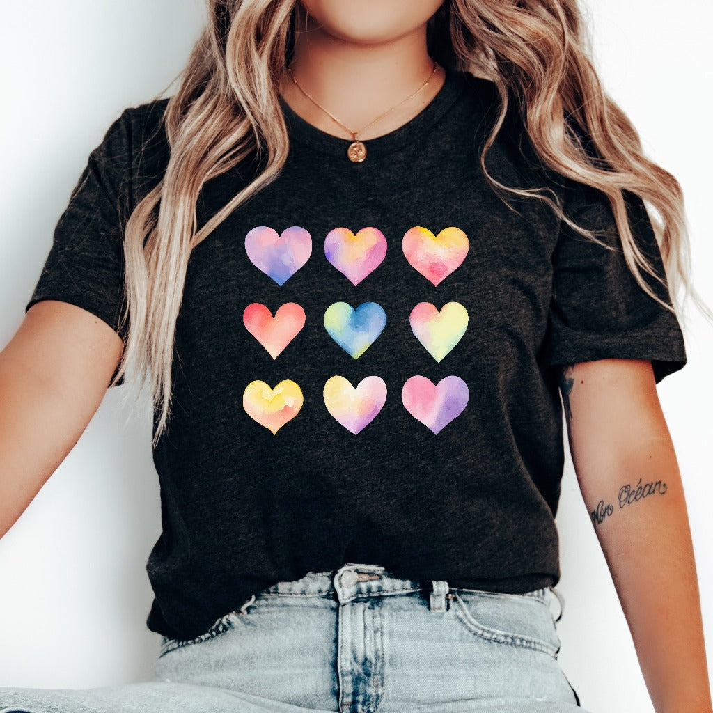 Watercolor Heart Shirt, Heart TShirt, Valentine's Day Graphic Tee, Vintage Valentines Shirt, Valentines Gift for Her, Hearts for Teacher