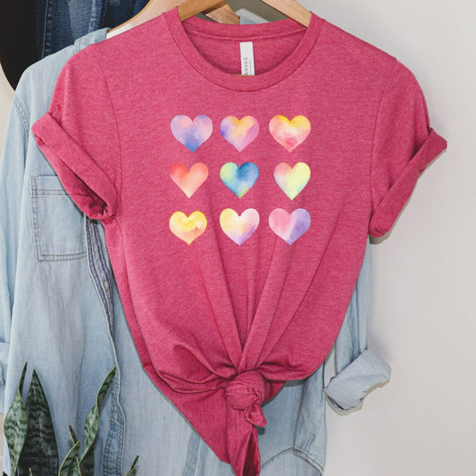 Watercolor Heart Shirt, Heart TShirt, Valentine's Day Graphic Tee, Vintage Valentines Shirt, Valentines Gift for Her, Hearts for Teacher