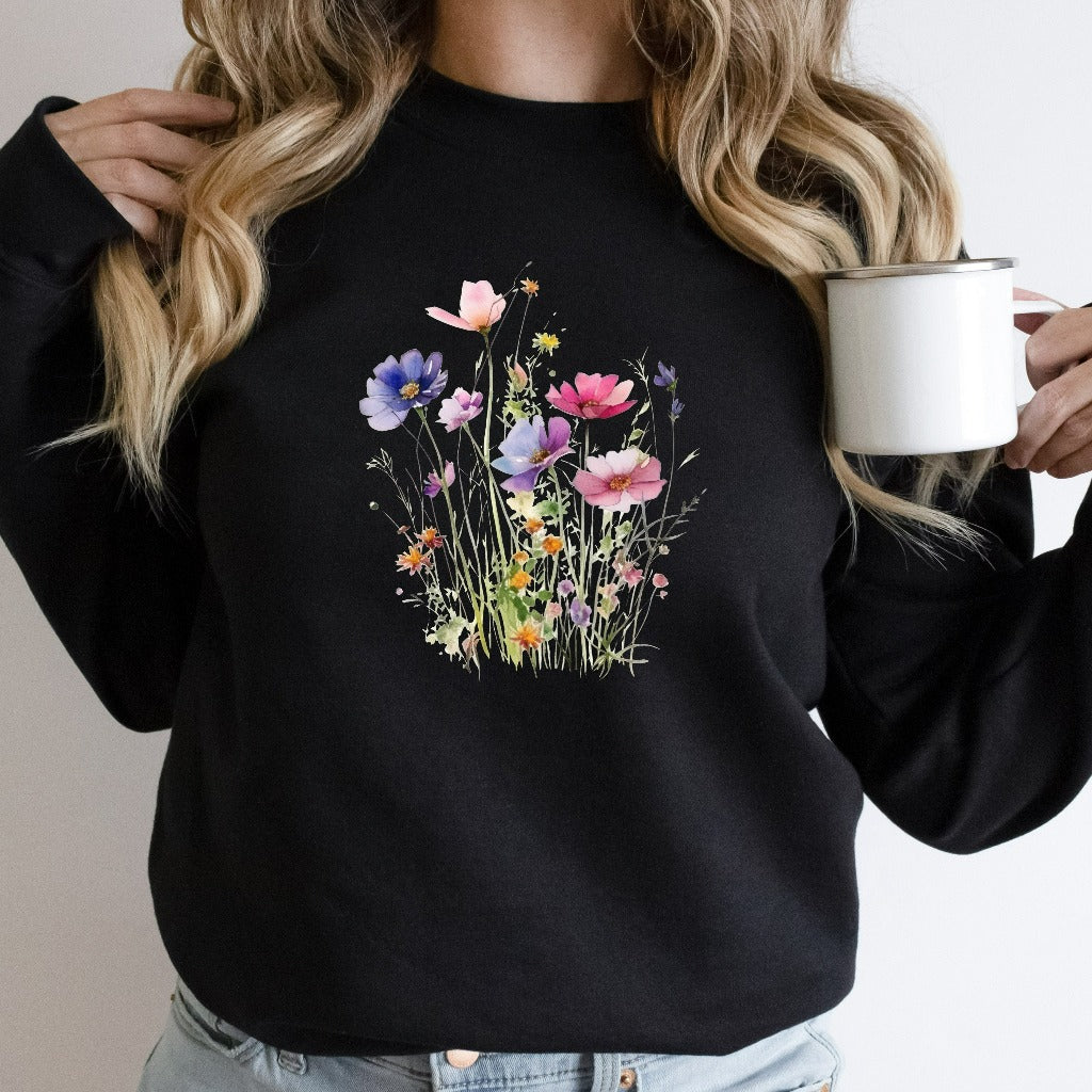 Vintage Pressed Wildflowers Sweatshirt, Boho Flowers Crewneck, Cottage Core Sweater, Fairy Core Aesthetic Sweatshirt, Floral Gift for Her