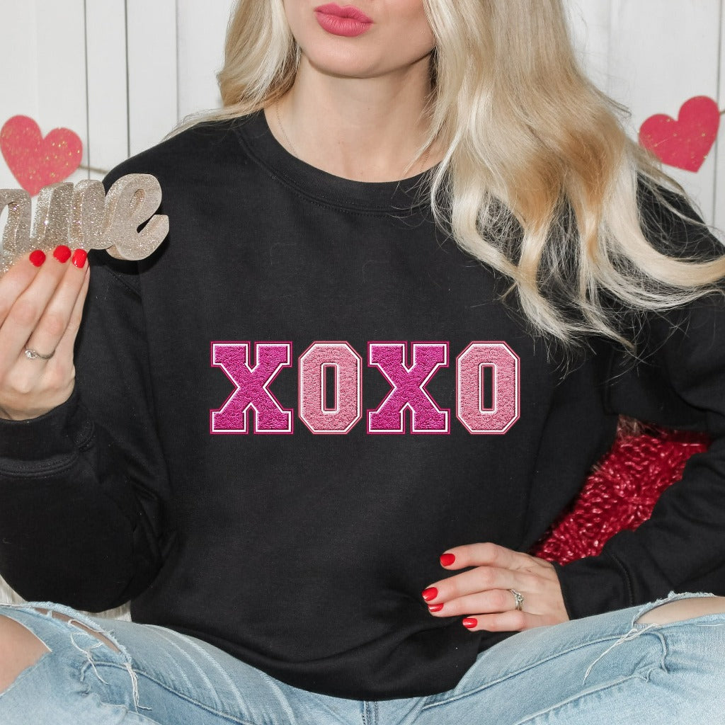 XOXO Valentine's Day Sweatshirt, Faux Chenille Patch Hugs and Kisses Crewneck, Fun Valentine Sweater, Gift for Her for Wife, Galentine's Day