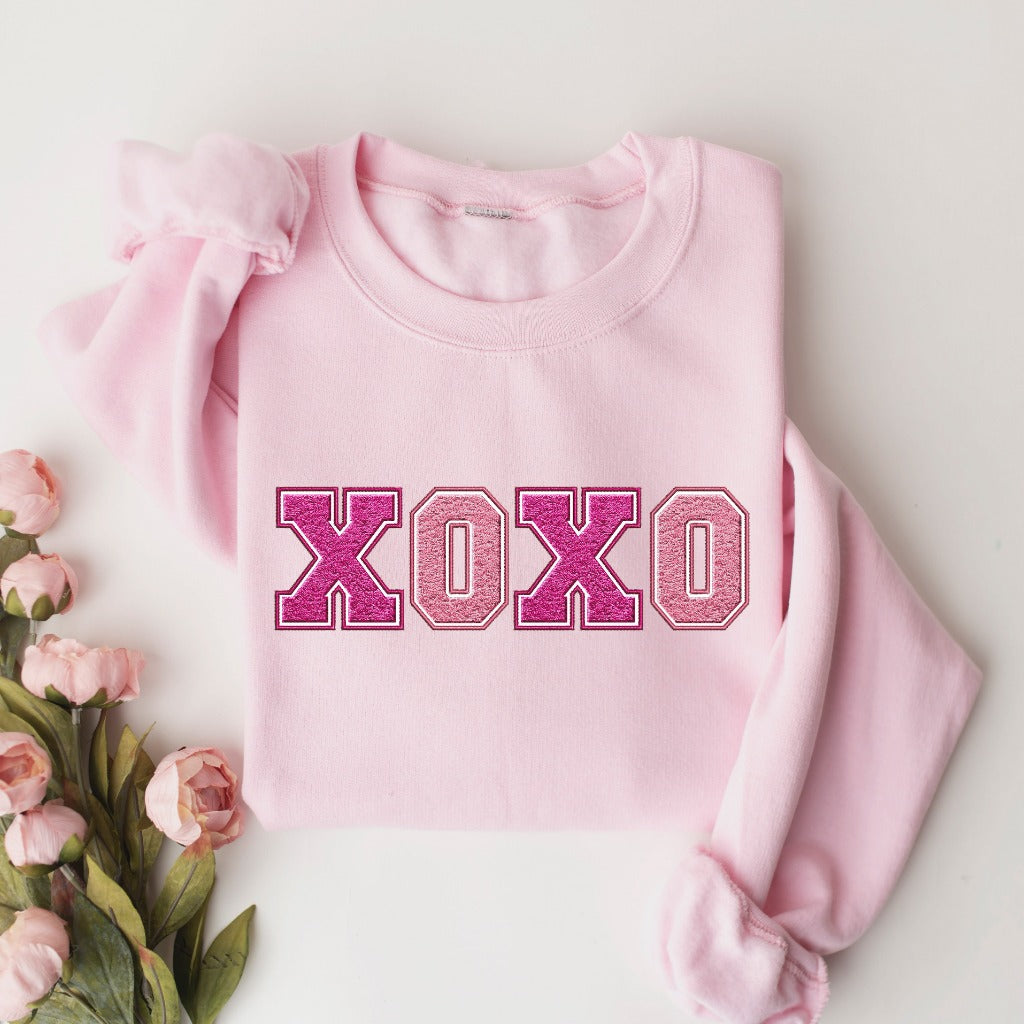 XOXO Valentine's Day Sweatshirt, Faux Chenille Patch Hugs and Kisses Crewneck, Fun Valentine Sweater, Gift for Her for Wife, Galentine's Day
