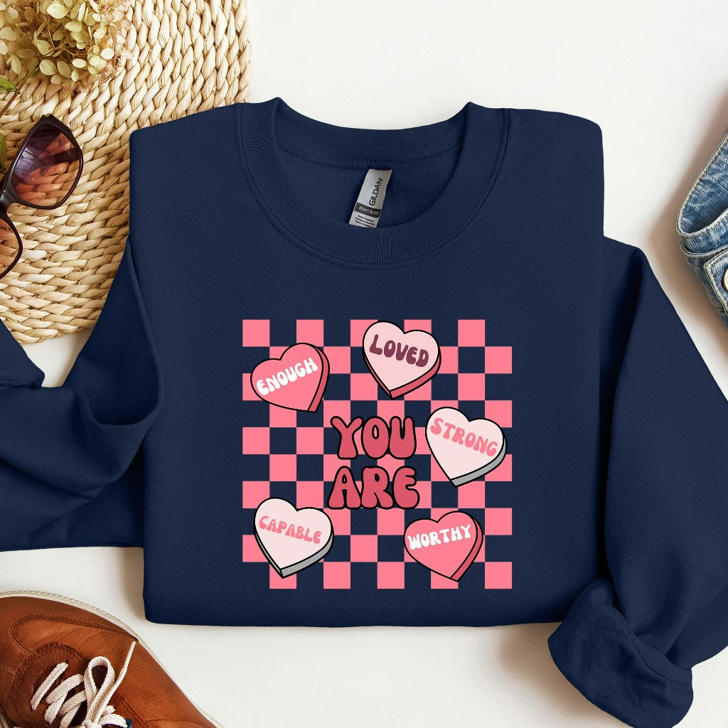 Cute Teacher Valentine Sweatshirt, Retro Heart Crewneck, Women's Valentines Day Sweater, Love Valentine Sweatshirt, Positive Affirmations