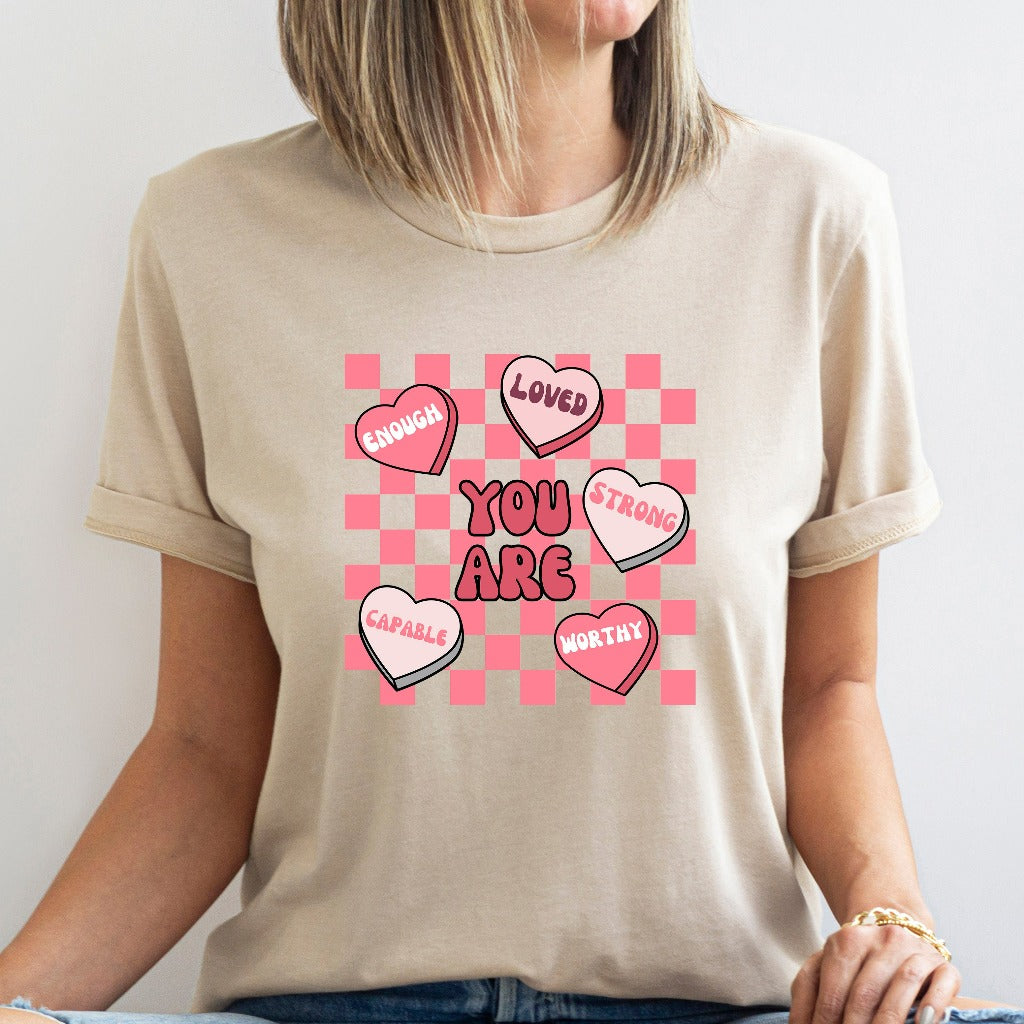 Cute Teacher Valentine Shirt, Retro Heart TShirt, Women's Valentines Day Graphic Tee, Love Valentine Gift for Teacher, Positive Affirmations