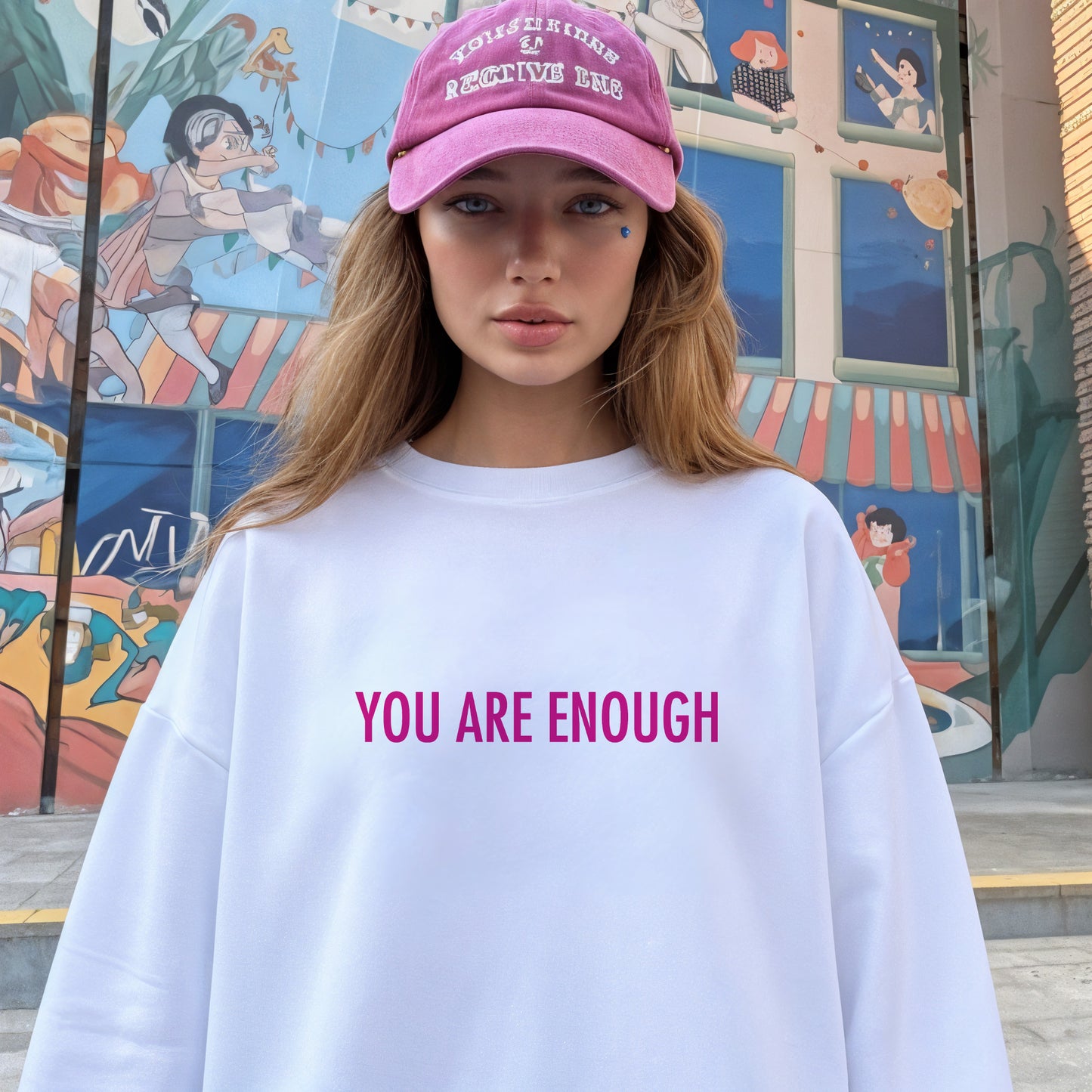 A woman wearing an oversized white sweatshirt with the words 'YOU ARE ENOUGH' printed in pink across the chest, paired with a pink baseball cap that reads 'POSITIVE THINGS & NEGATIVE DAYS'. She is standing outdoors in front of a colorful mural.