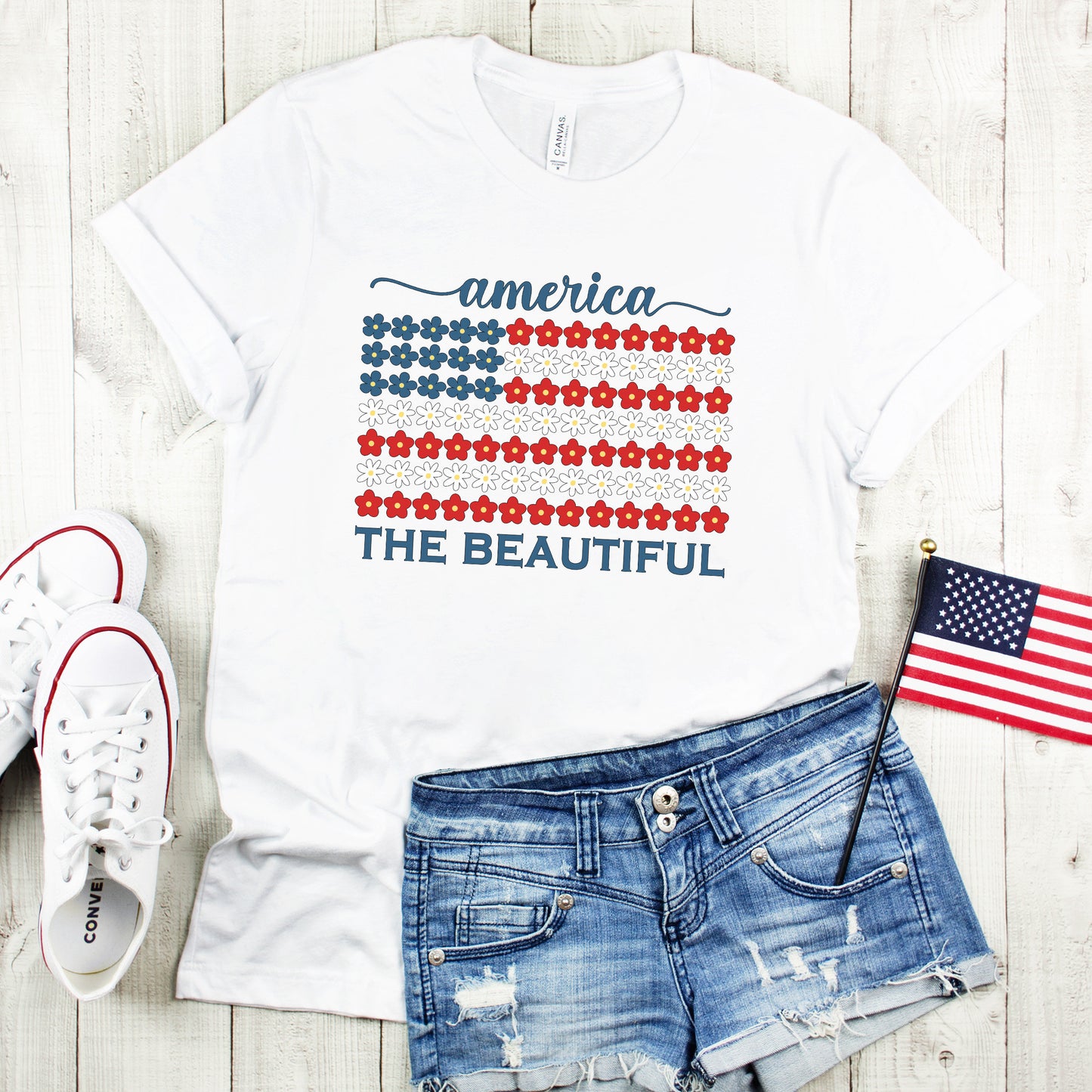 USA Floral Flag Graphic Tee, 4th of July Shirt, America the Beautiful TShirt, Independence Day, Fourth of July Shirt