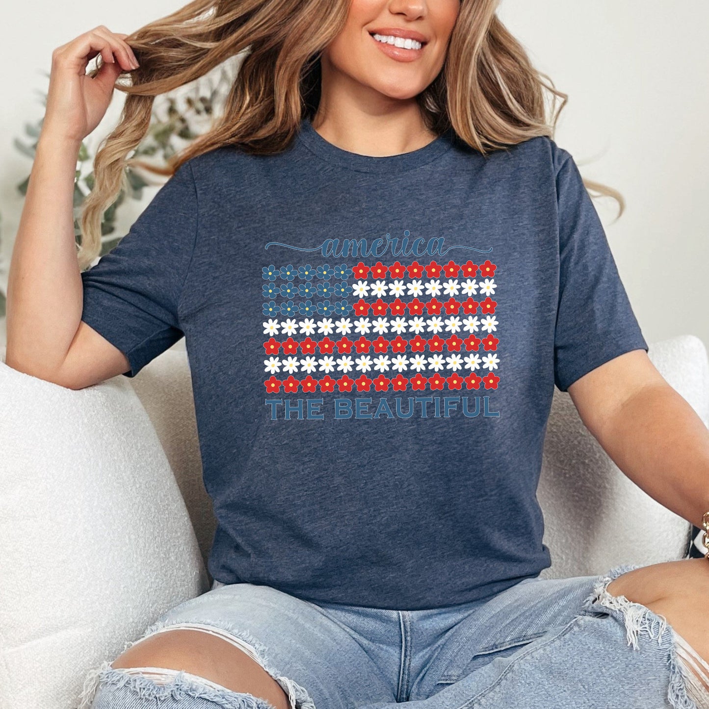 USA Floral Flag Graphic Tee, 4th of July Shirt, America the Beautiful TShirt, Independence Day, Fourth of July Shirt