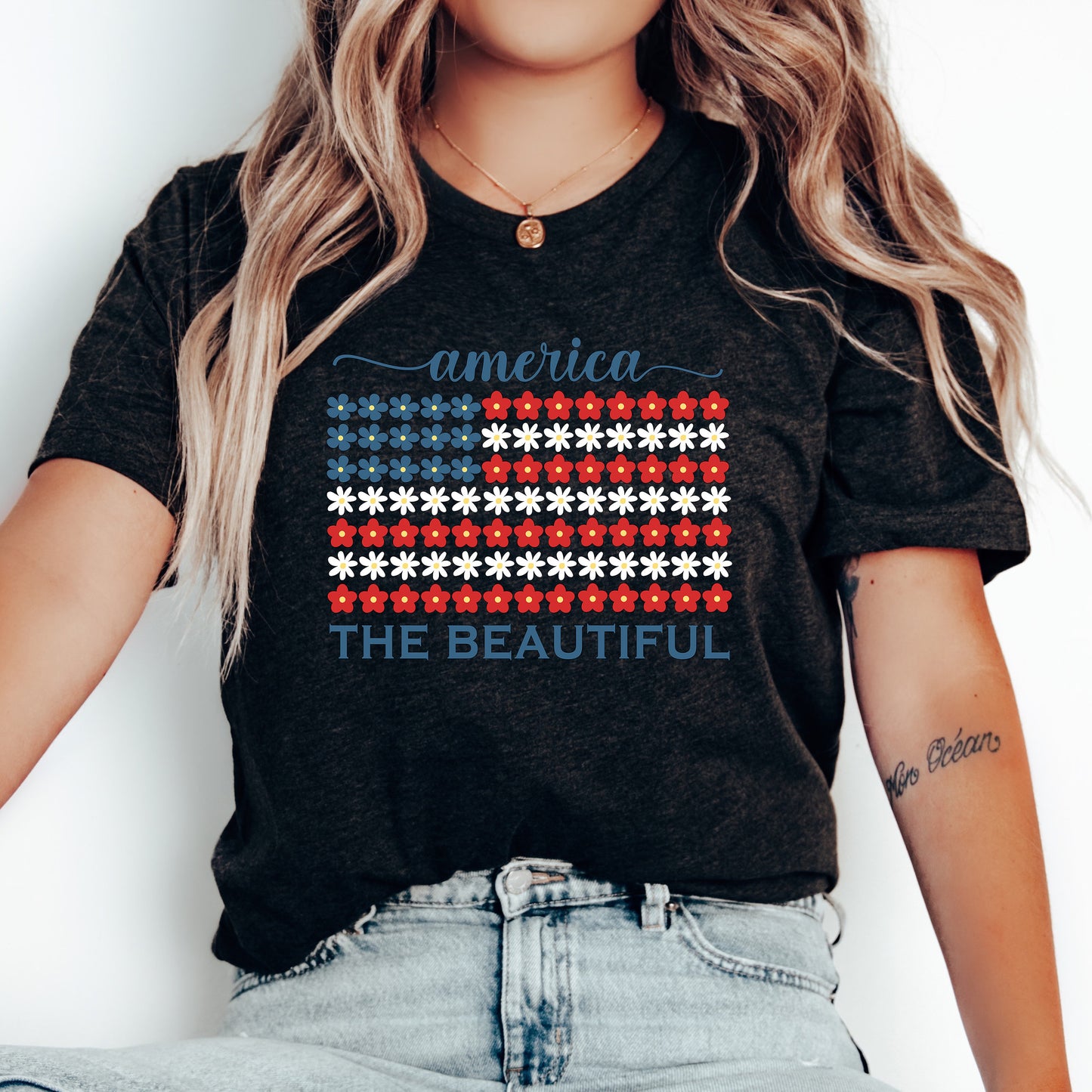 USA Floral Flag Graphic Tee, 4th of July Shirt, America the Beautiful TShirt, Independence Day, Fourth of July Shirt