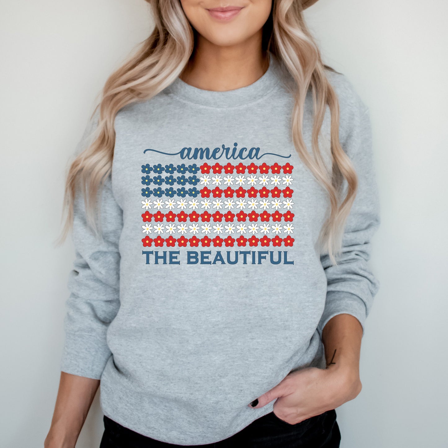 USA Flag Sweatshirt, 4th of July Crewneck, America the Beautiful, Independence Day Shirt, Fourth of July, Floral Flag Shirt