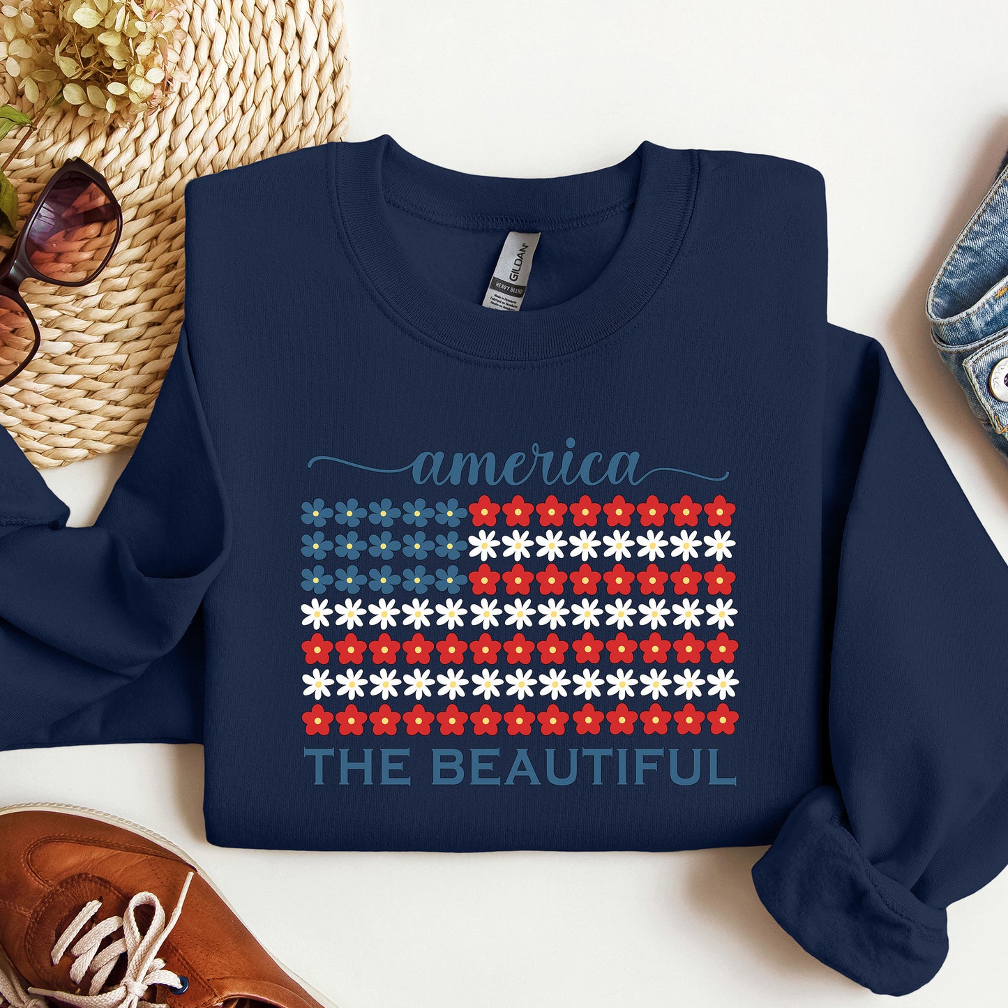 USA Flag Sweatshirt, 4th of July Crewneck, America the Beautiful, Independence Day Shirt, Fourth of July, Floral Flag Shirt
