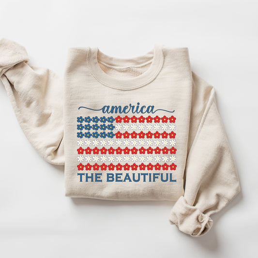 USA Flag Sweatshirt, 4th of July Crewneck, America the Beautiful, Independence Day Shirt, Fourth of July, Floral Flag Shirt