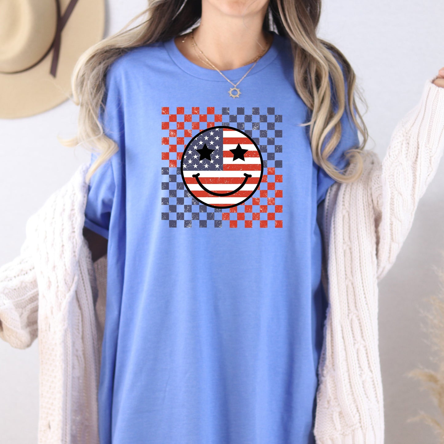 Retro Smiley Face Flag Shirt, American Flag Happy Face TShirt, 4th of July Shirt, Independence Day Tee