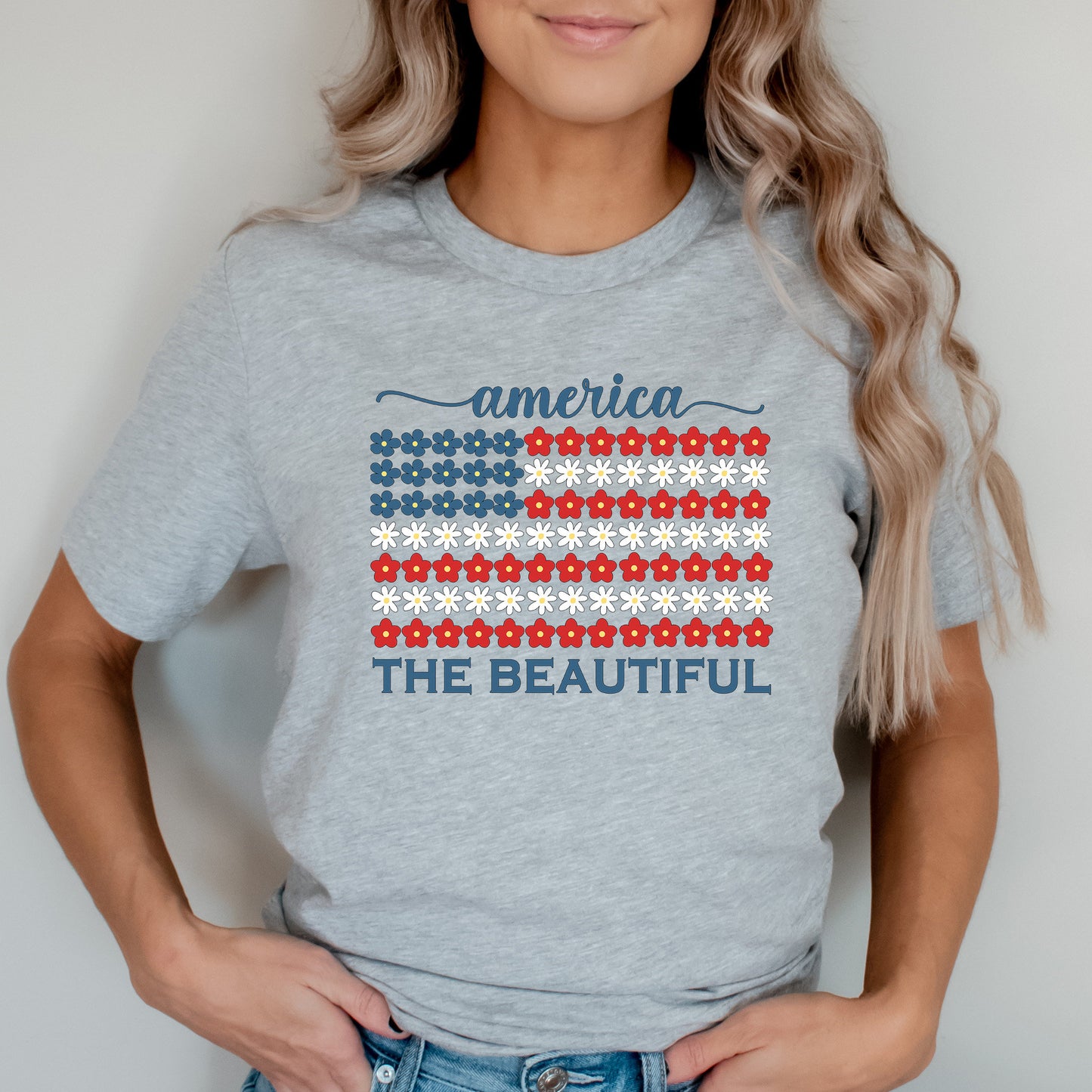 USA Floral Flag Graphic Tee, 4th of July Shirt, America the Beautiful TShirt, Independence Day, Fourth of July Shirt