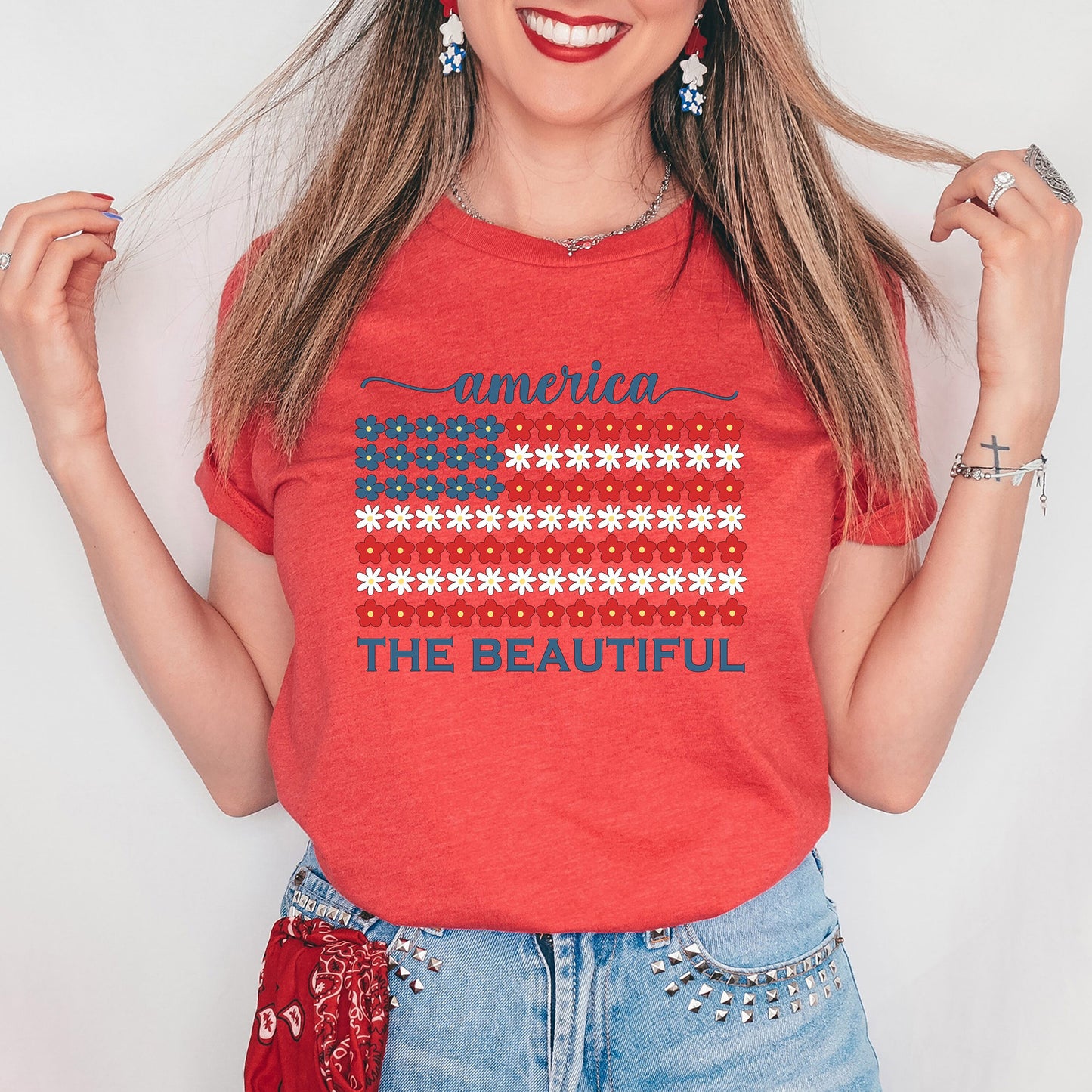 USA Floral Flag Graphic Tee, 4th of July Shirt, America the Beautiful TShirt, Independence Day, Fourth of July Shirt