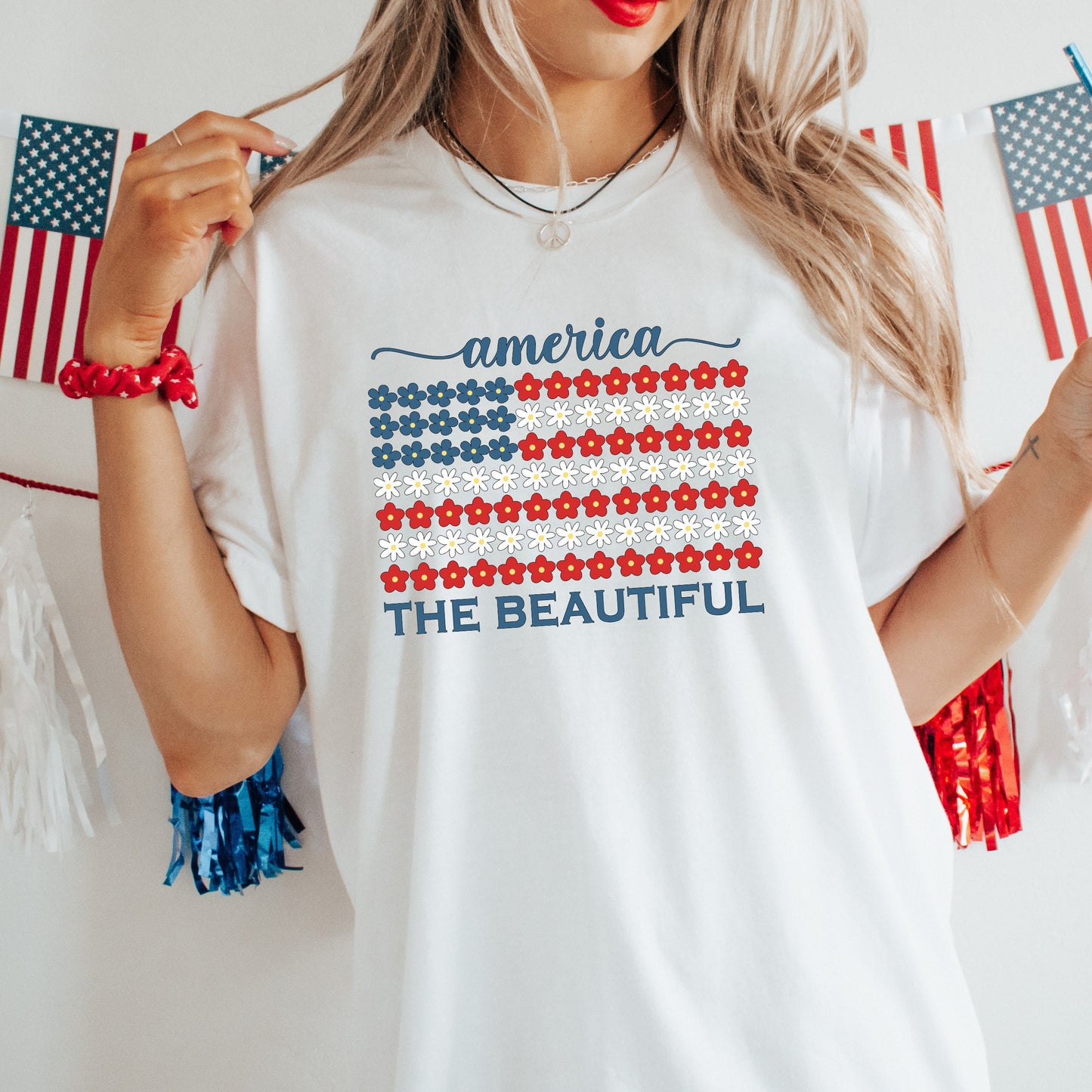 USA Floral Flag Graphic Tee, 4th of July Shirt, America the Beautiful TShirt, Independence Day, Fourth of July Shirt