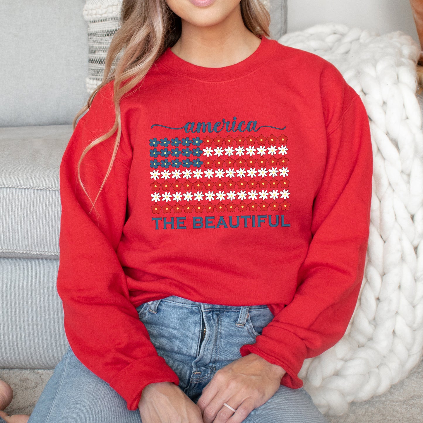USA Flag Sweatshirt, 4th of July Crewneck, America the Beautiful, Independence Day Shirt, Fourth of July, Floral Flag Shirt
