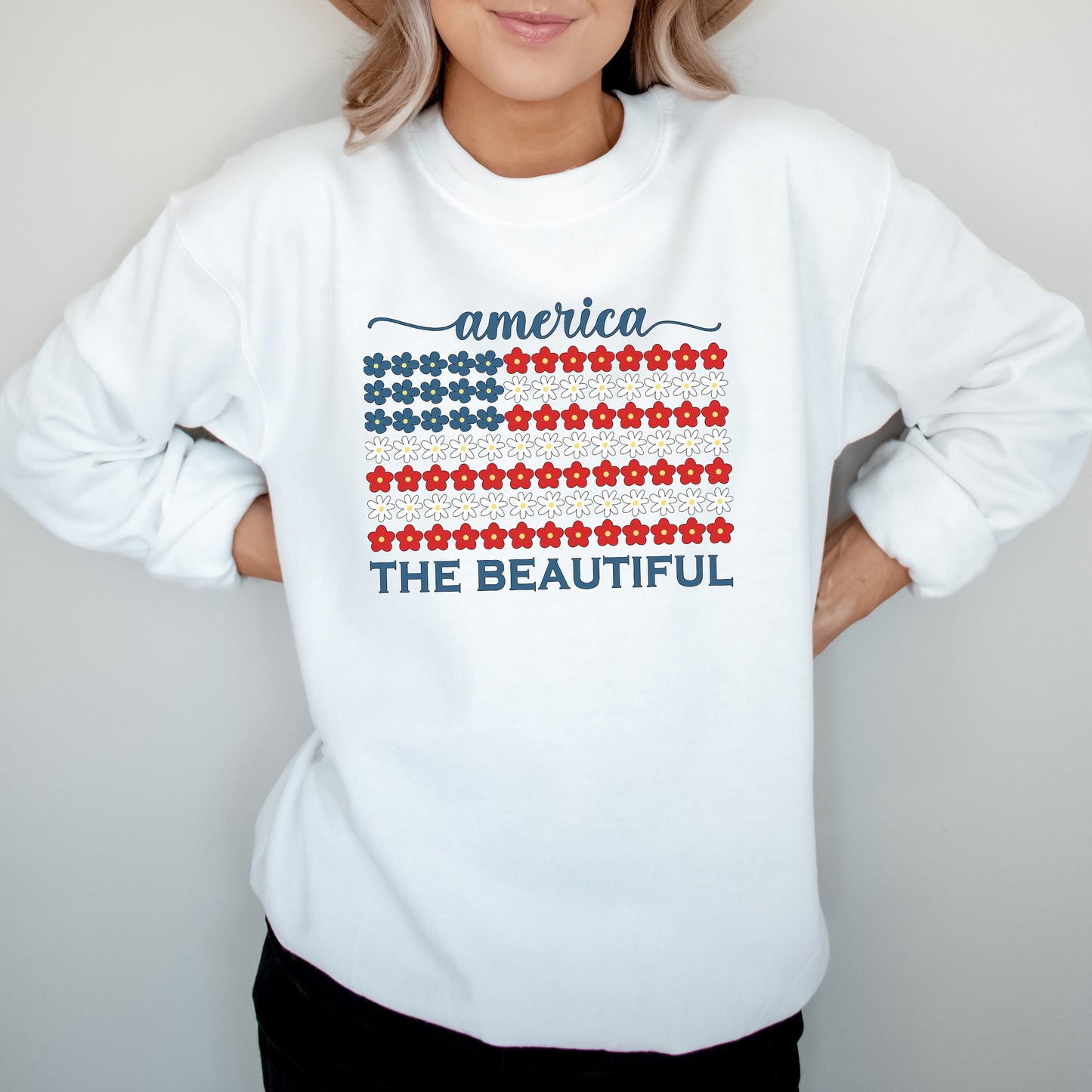 USA Flag Sweatshirt, 4th of July Crewneck, America the Beautiful, Independence Day Shirt, Fourth of July, Floral Flag Shirt