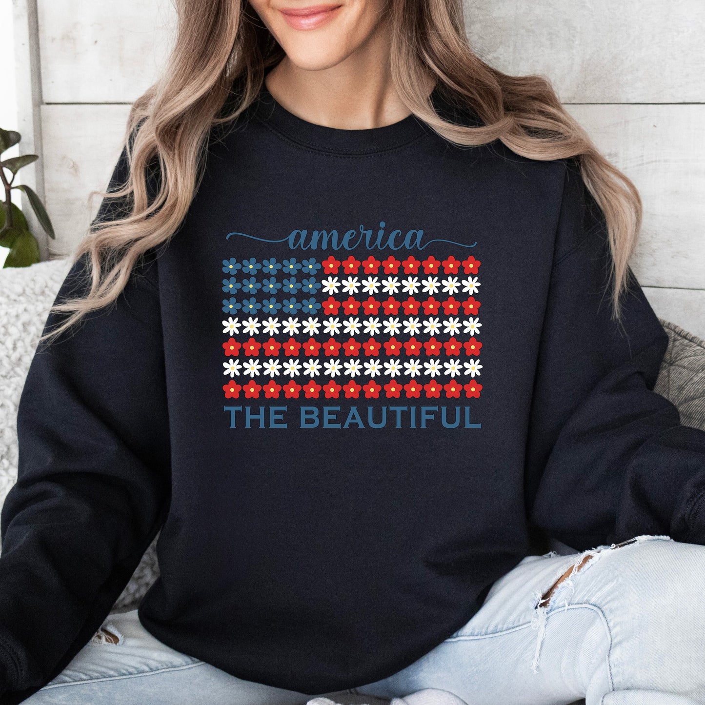 USA Flag Sweatshirt, 4th of July Crewneck, America the Beautiful, Independence Day Shirt, Fourth of July, Floral Flag Shirt