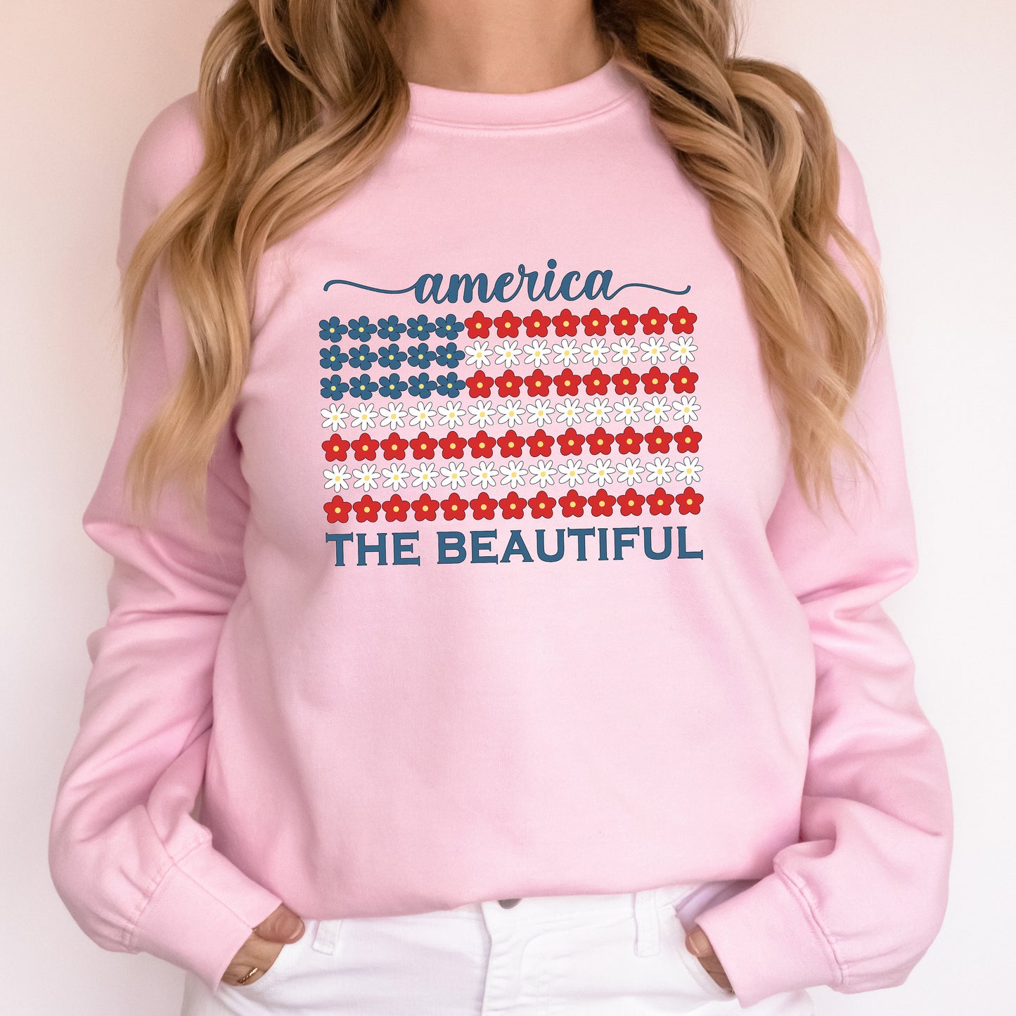 USA Flag Sweatshirt, 4th of July Crewneck, America the Beautiful, Independence Day Shirt, Fourth of July, Floral Flag Shirt