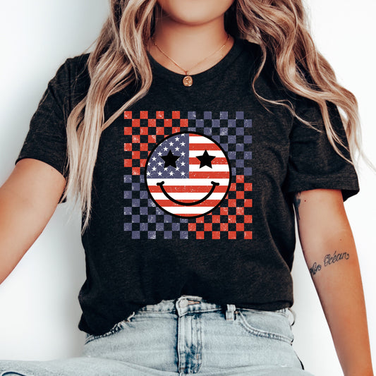 Retro Smiley Face Flag Shirt, American Flag Happy Face TShirt, 4th of July Shirt, Independence Day Tee