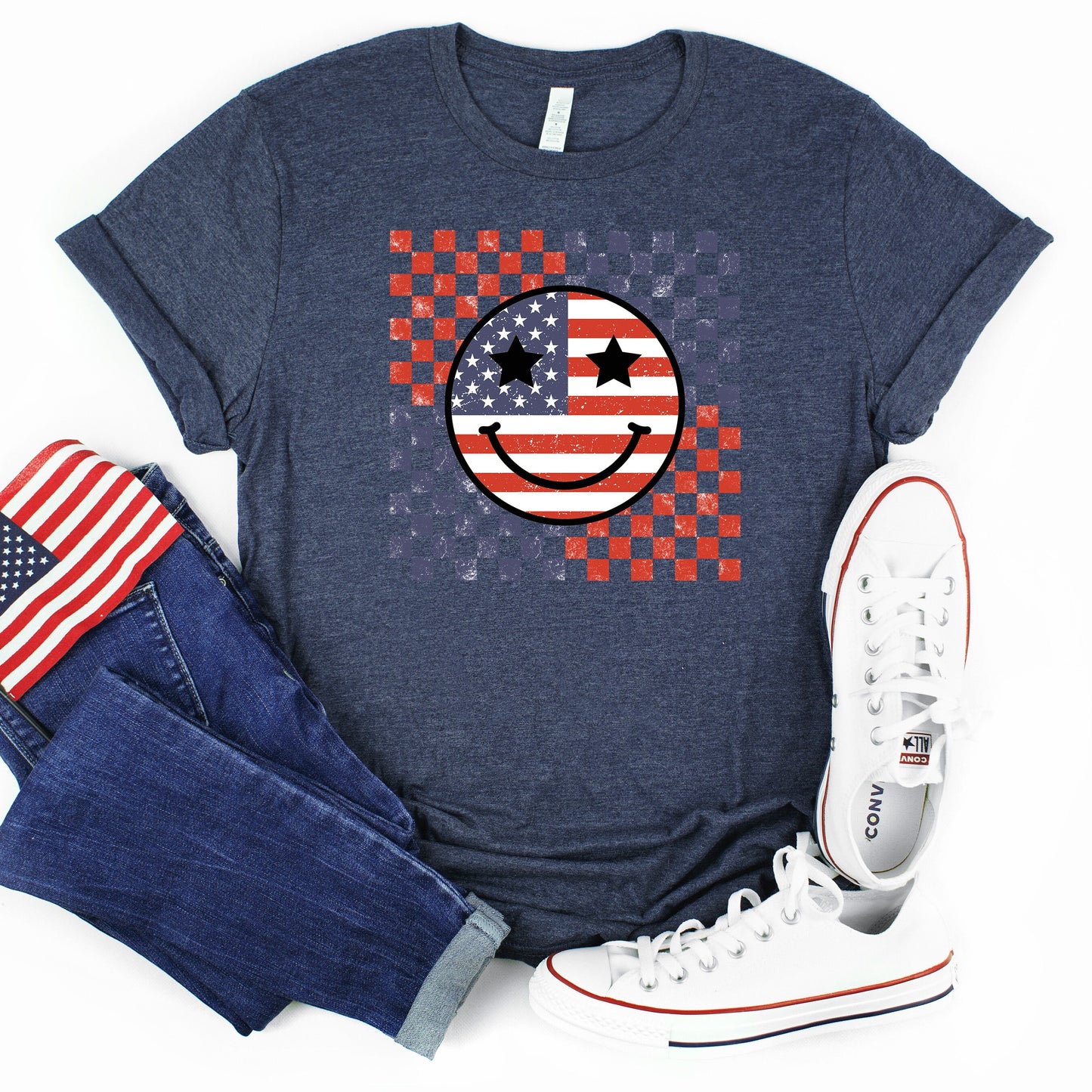 Retro Smiley Face Flag Shirt, American Flag Happy Face TShirt, 4th of July Shirt, Independence Day Tee