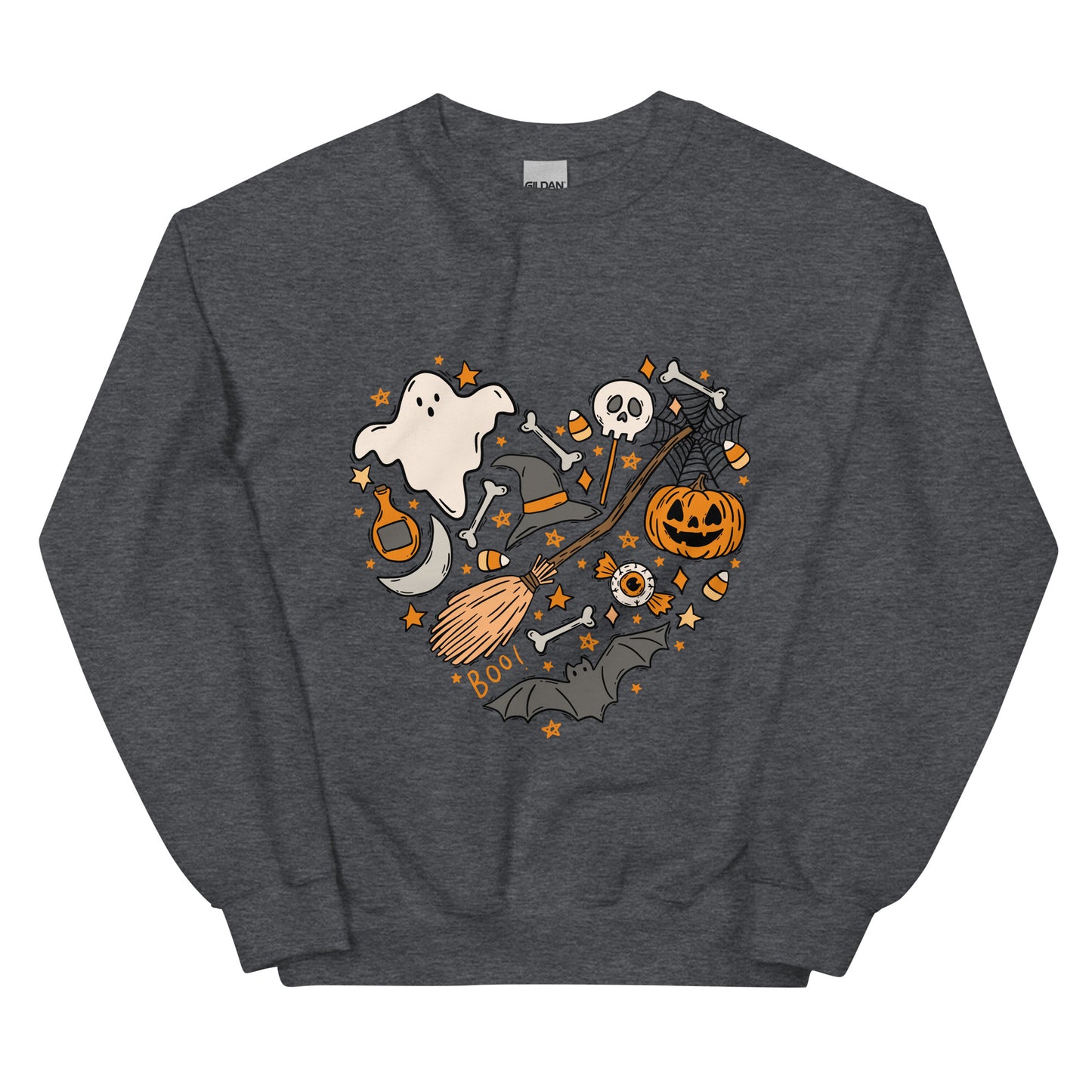 Dark gray sweatshirt with Halloween-themed design featuring a ghost, pumpkin, and broomstick on a white background.