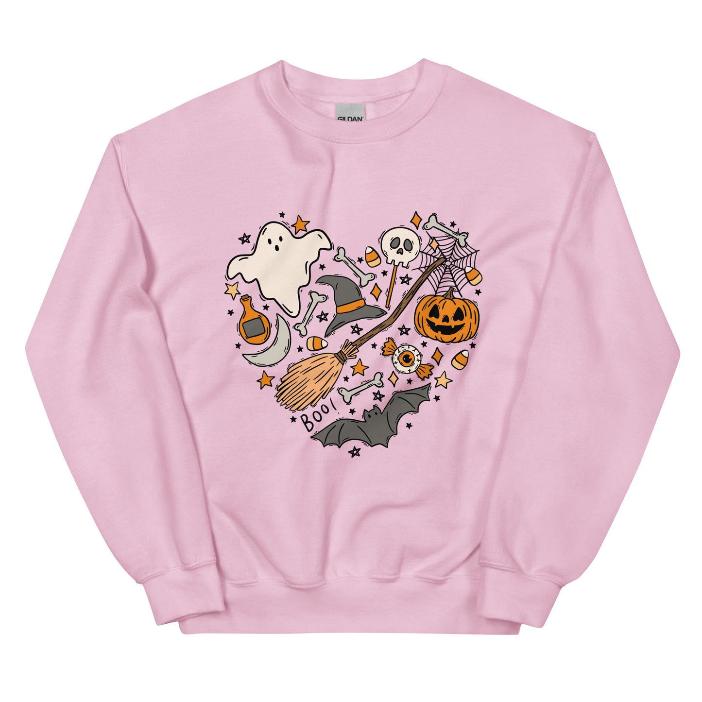 Light pink sweatshirt with Halloween-themed design featuring a ghost, pumpkin, and broomstick on a white background.