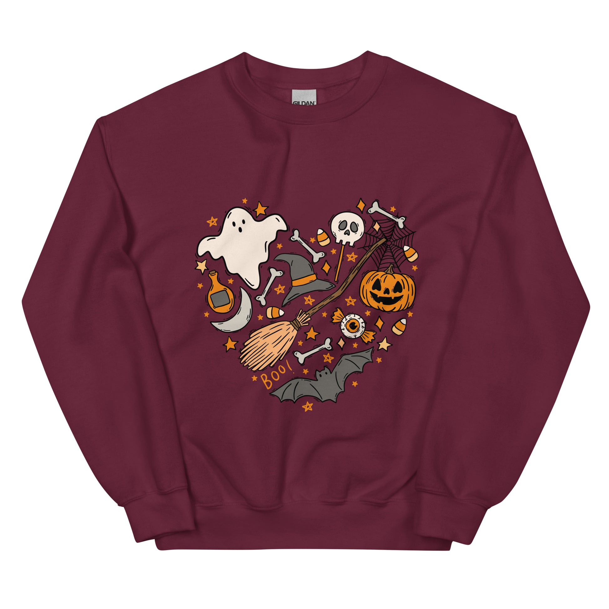 Maroon sweatshirt with Halloween-themed design featuring a ghost, pumpkin, and broomstick on a white background.