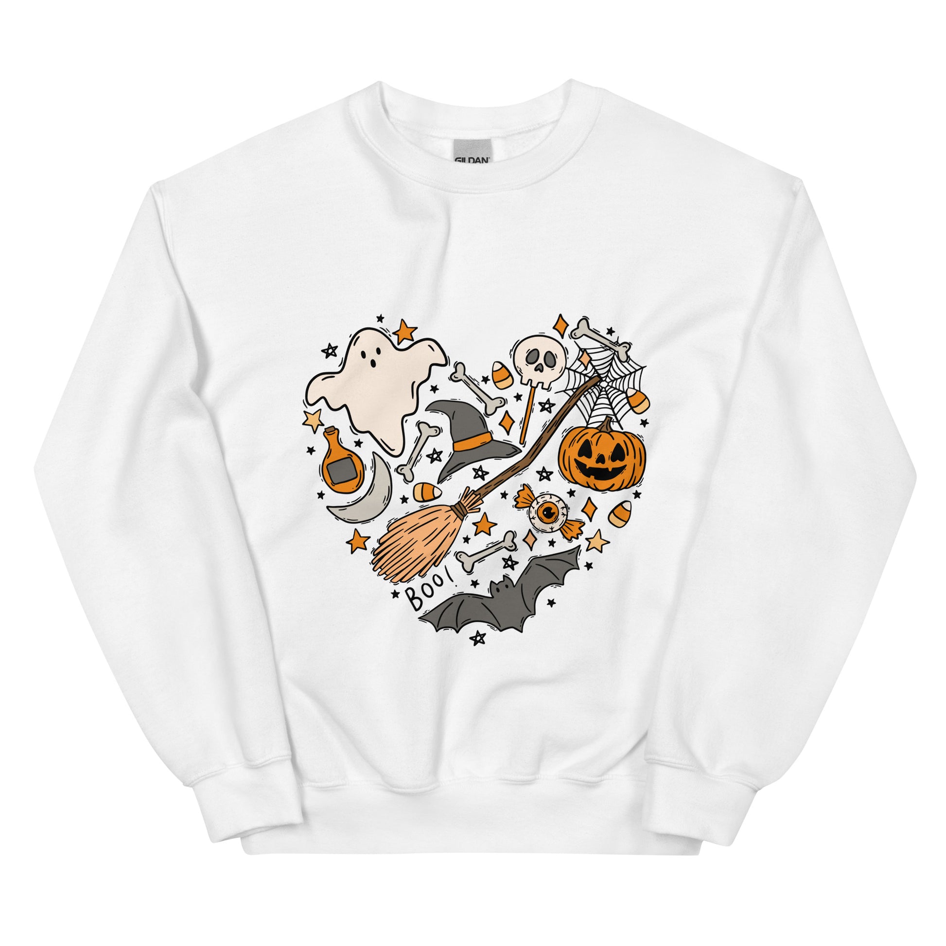 White sweatshirt with Halloween-themed design featuring a ghost, pumpkin, and broomstick on a white background.