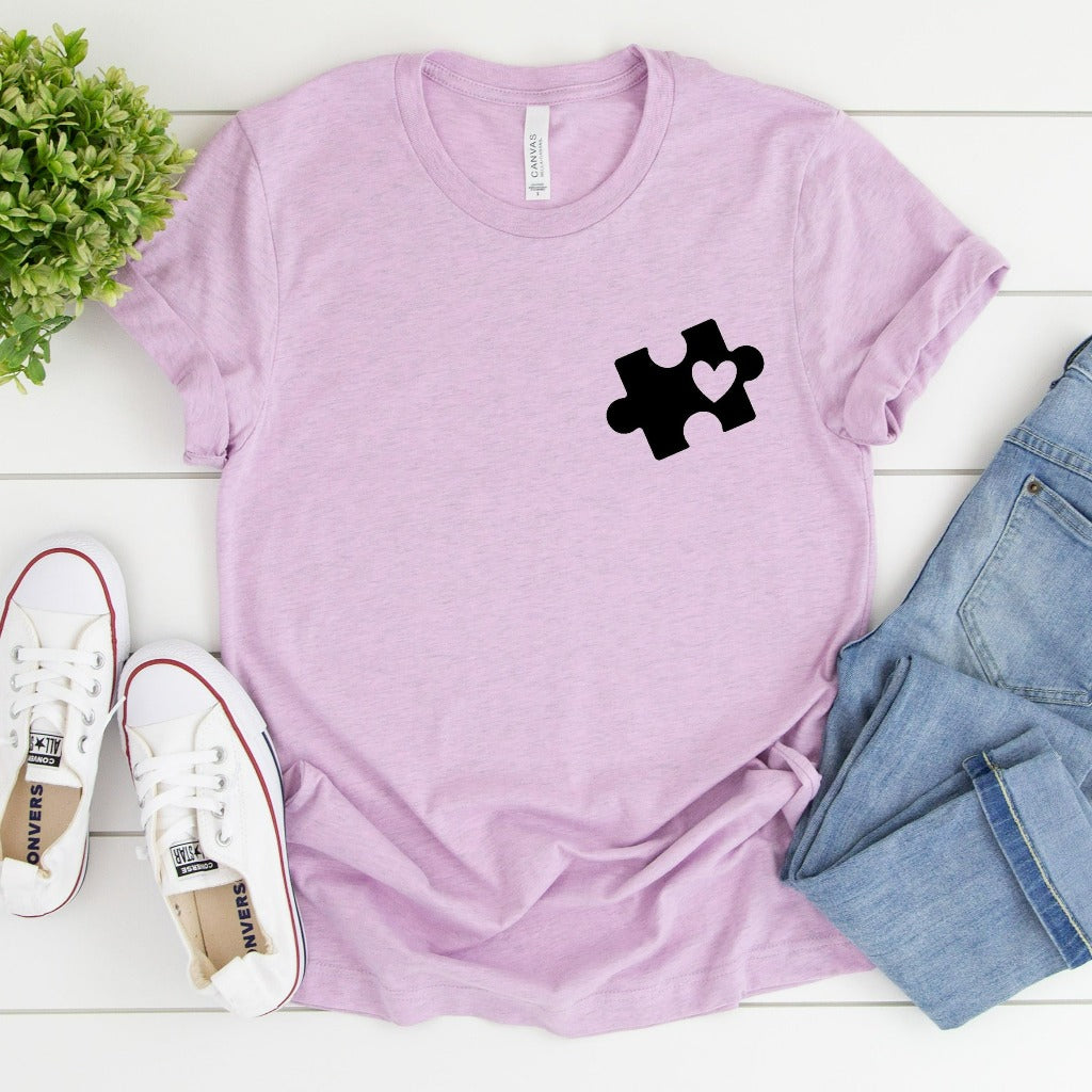 autism puzzle piece heart shirt, pocket style autism tshirt with puzzle piece, autism mom gift