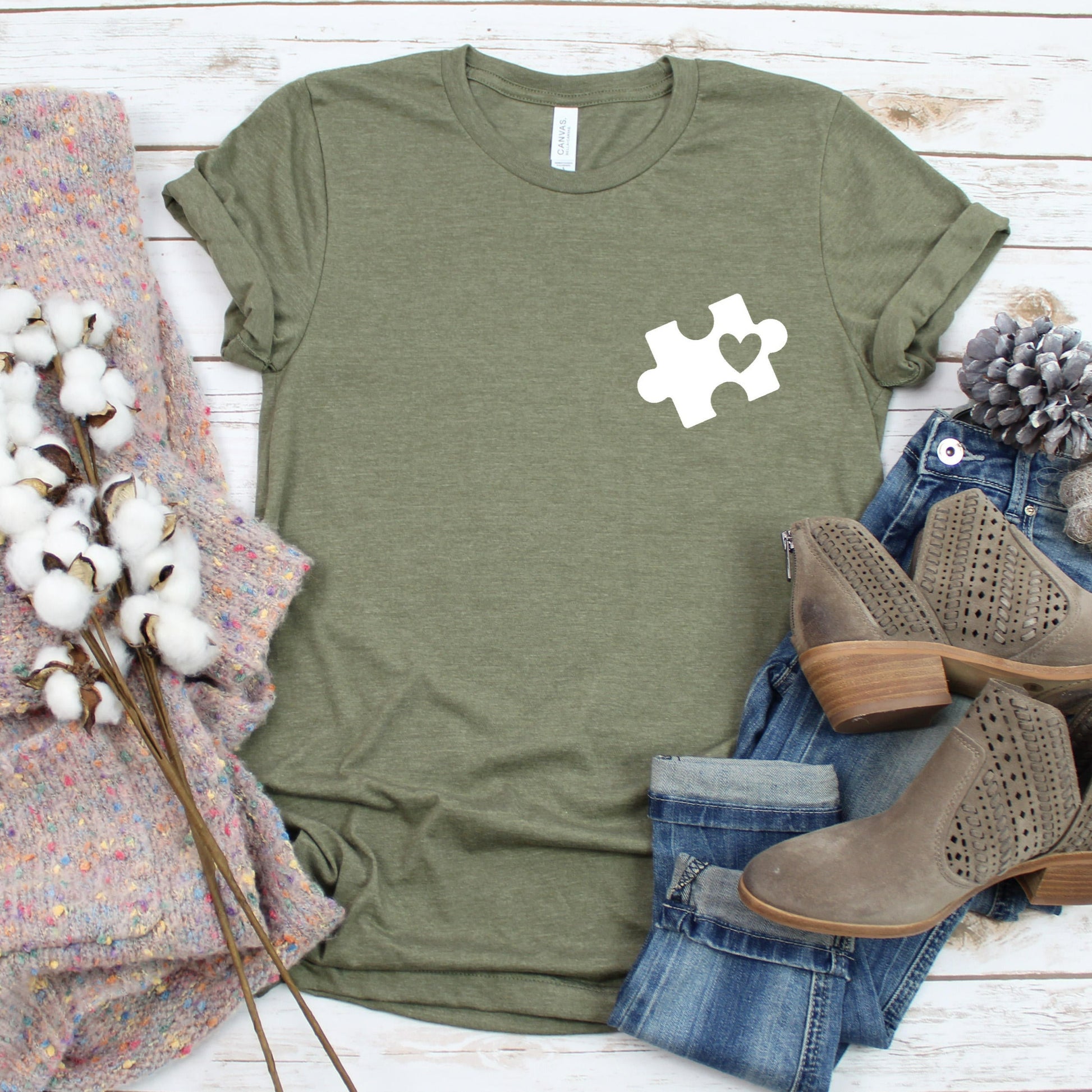 autism puzzle piece heart shirt, pocket style autism tshirt with puzzle piece, autism mom gift