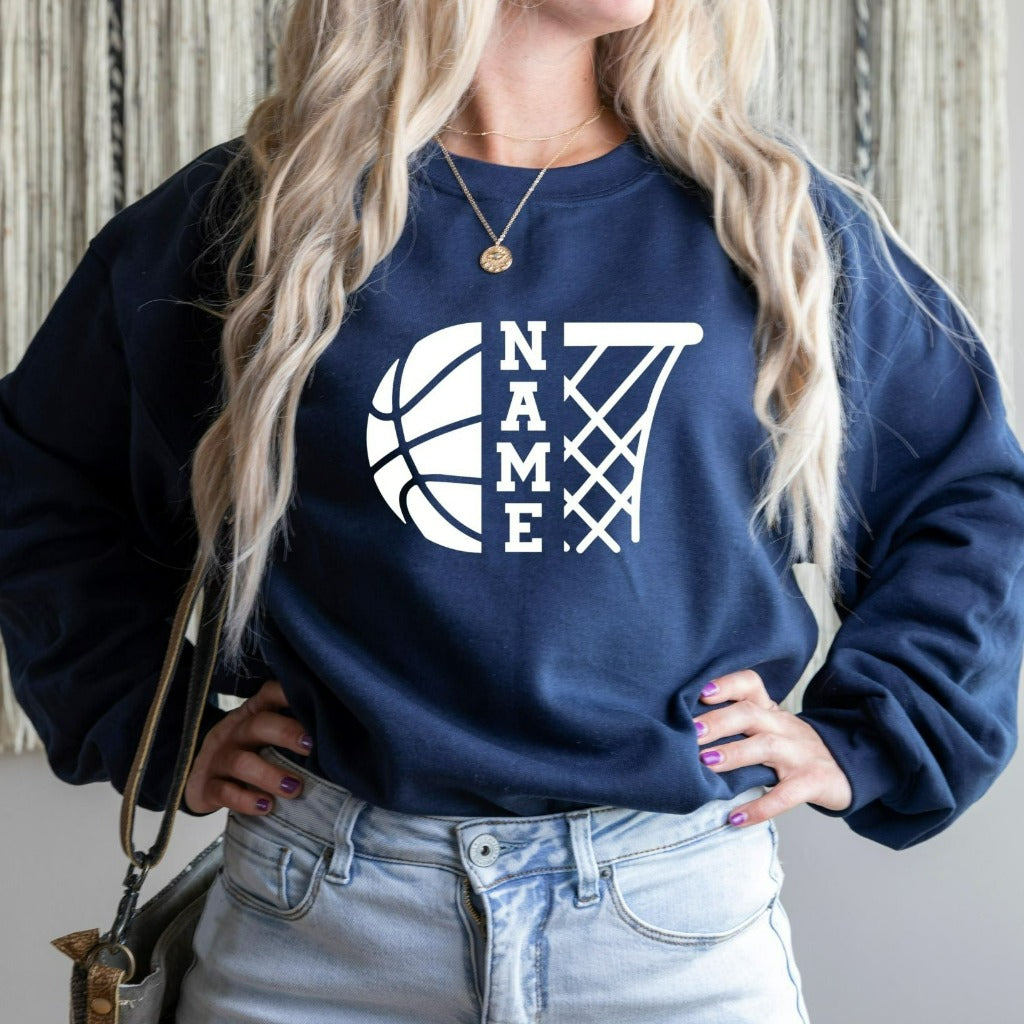 personalized basketball name crewneck sweatshirt, basketball mom shirt, basketball dad graphic tee, basketball fan shirt, basketball team shirts, matching basketball shirts, gift for basketball mom or dad