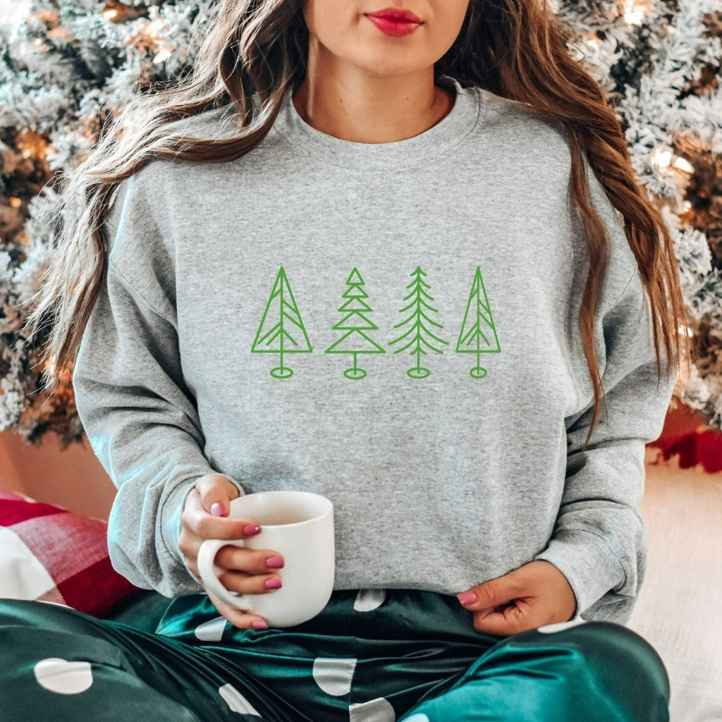 christmas trees crewneck sweatshirt, cute minimalist design christmas tree tshirt, christmas tree graphic tee, christmas party outfit, holiday shirts