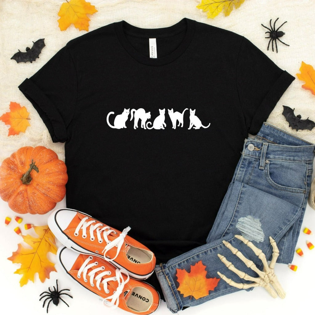 black cat halloween t shirt for her, cat graphic tee, cute halloween party costume shirt
