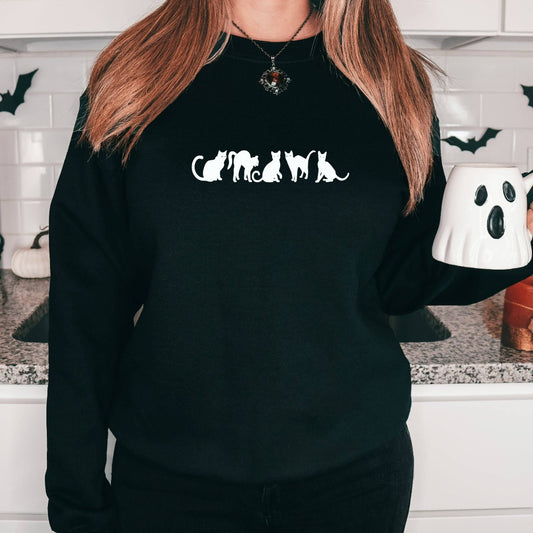 sweatshirt with 5 black cats, halloween black cat crewneck sweatshirt for her, fall autumn sweater, halloween party costume