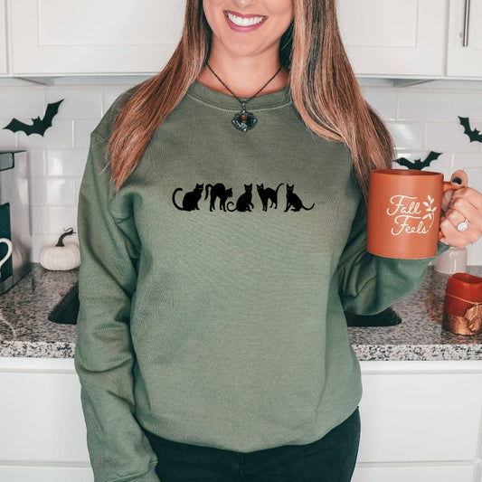 sweatshirt with 5 black cats, halloween black cat crewneck sweatshirt for her, fall autumn sweater, halloween party costume