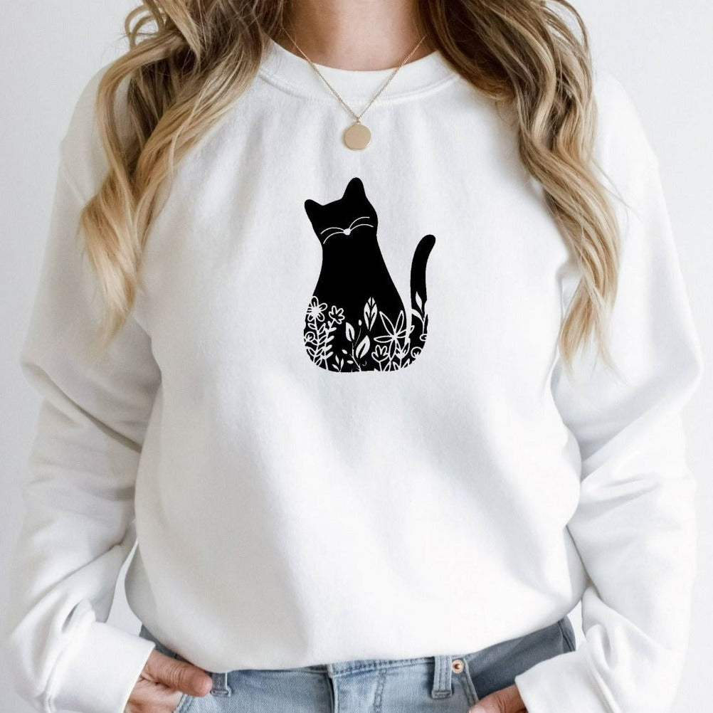 Cat Crewneck Sweatshirt, Floral Cat Shirt, Cat Shirts for Women, Cute Cat TShirt, Cat Mom T-Shirt, Gift for Cat Lover, Cat Mama Gift Graphic
