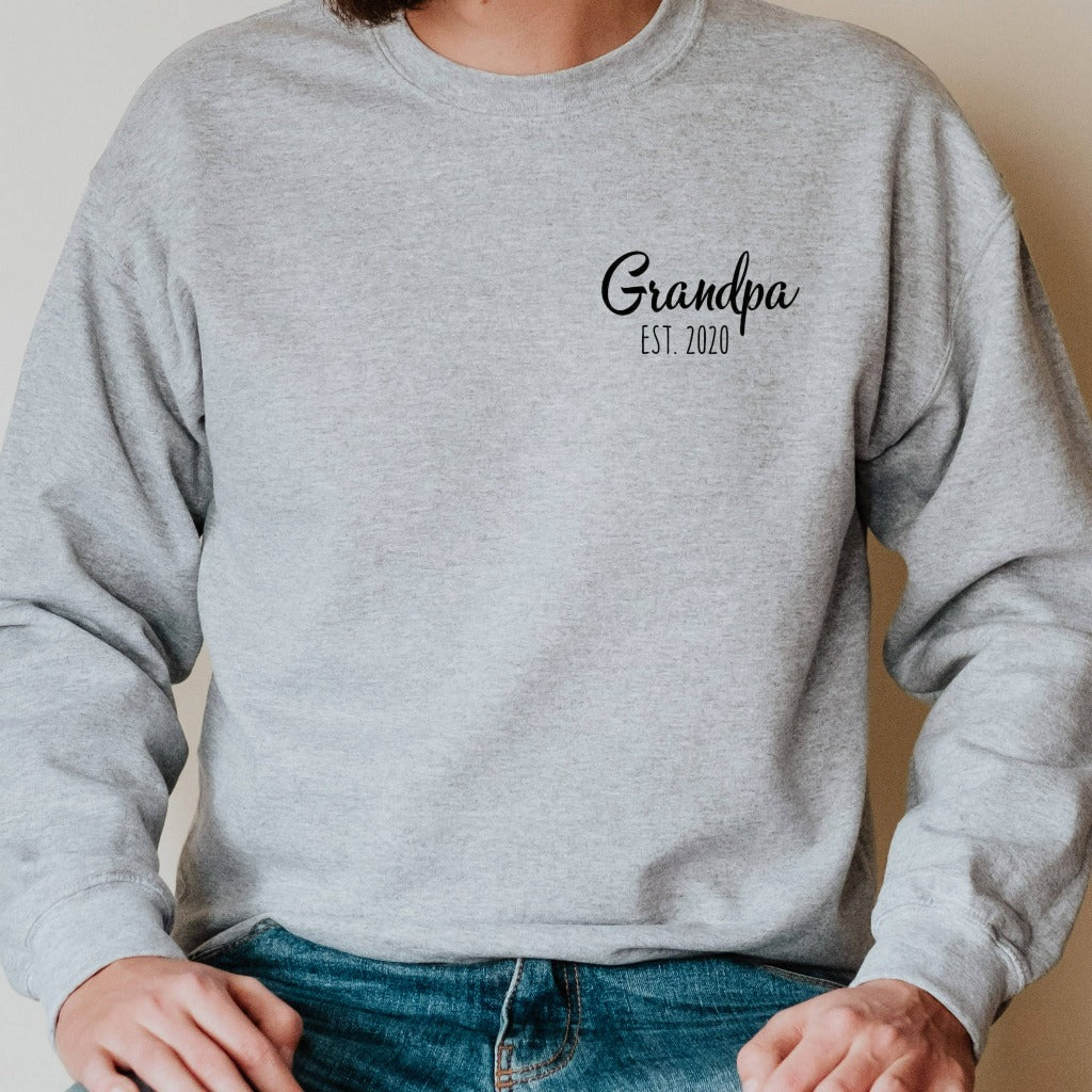 grandpa established crewneck sweatshirt, gift for new grandpop, baby announcement shirt
