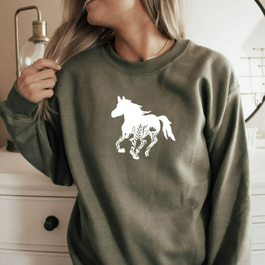 Floral Horse Sweatshirt, Cute Horse Crewneck, Gift for Equestrian, Horse Lover Sweatshirt