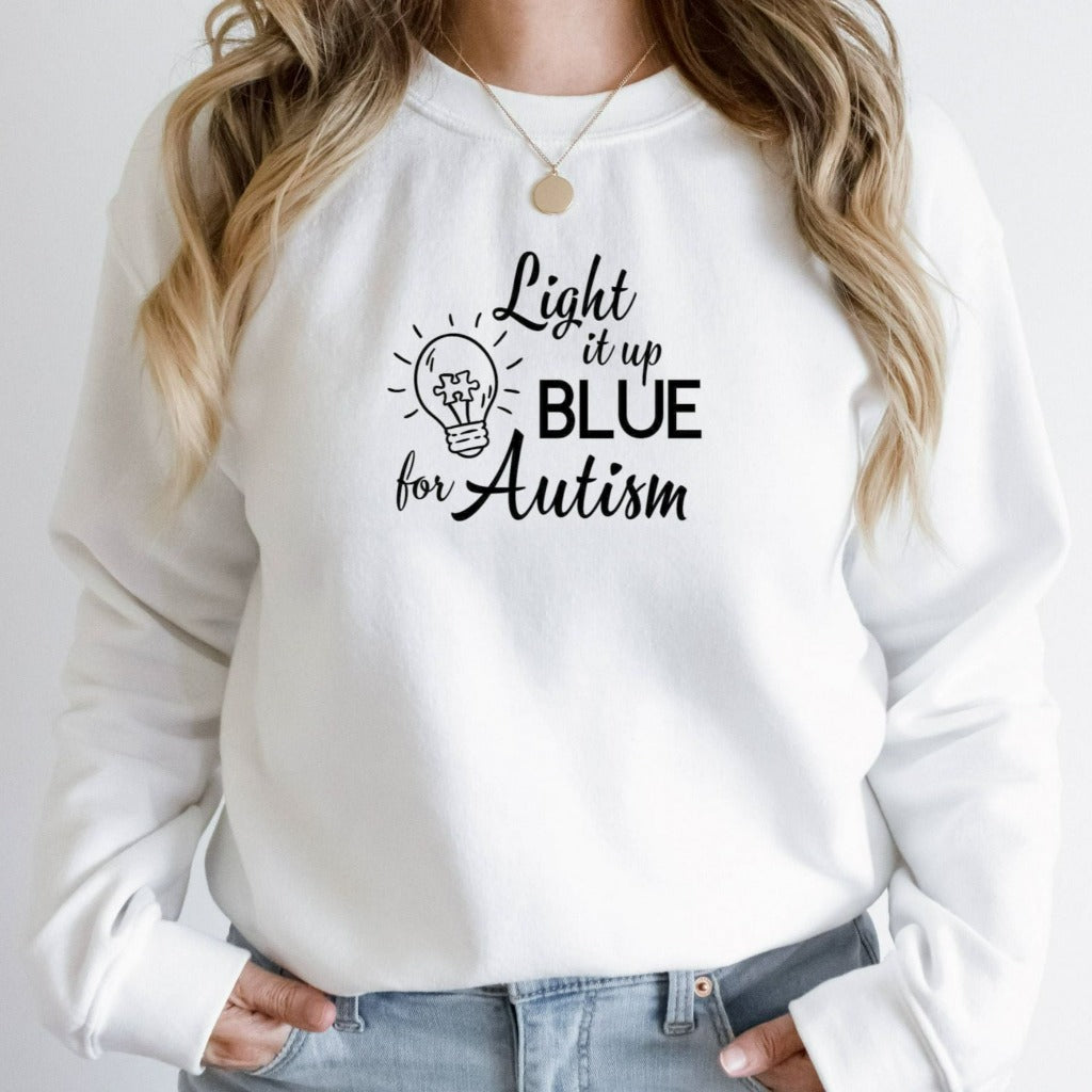 light it up blue for autism crewneck sweatshirt, autism awareness shirt, gift for autism mom