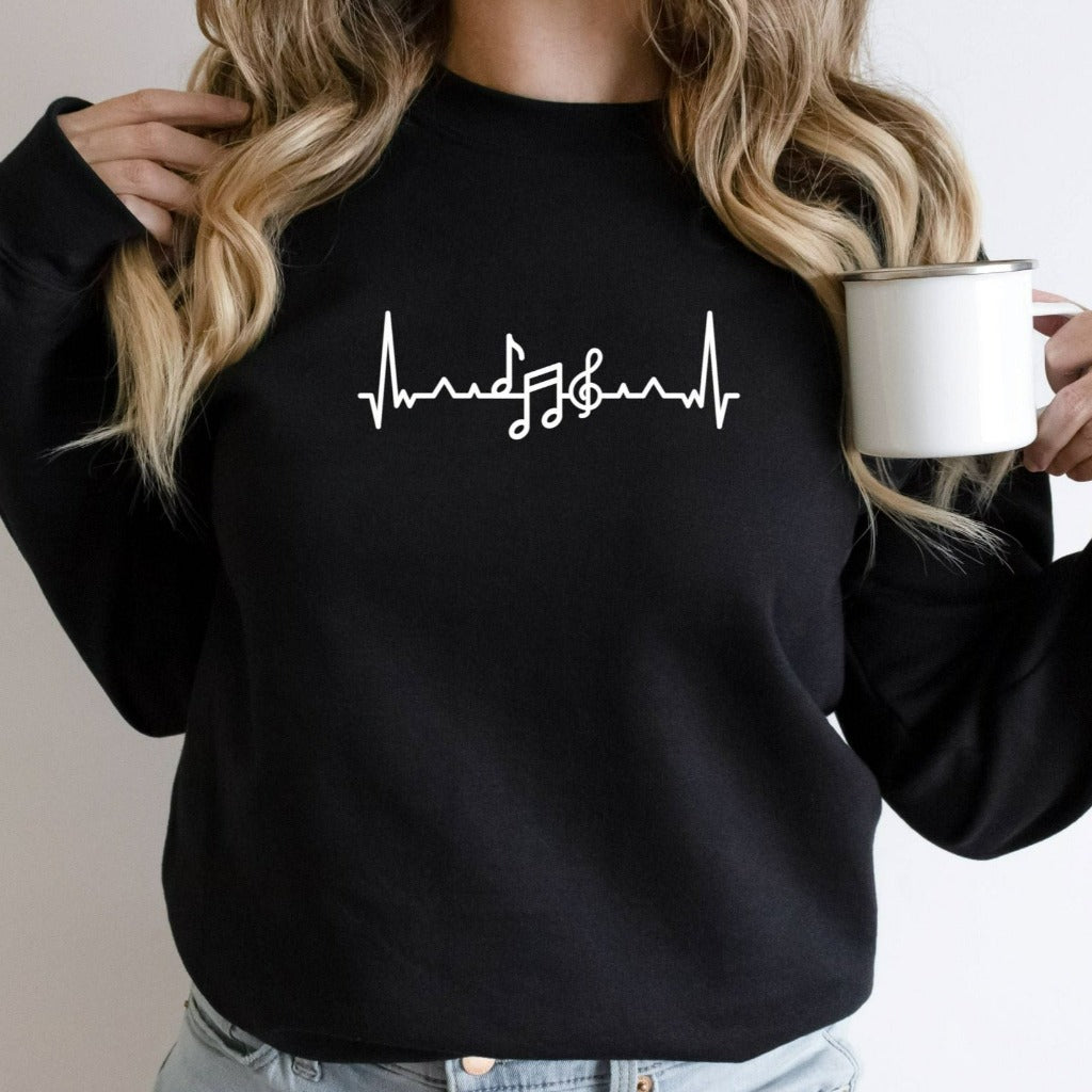 music teacher shirt crewneck sweatshirt, teacher appreciation gift, music lover, musical notes graphic tee, music heartbeat tshirt