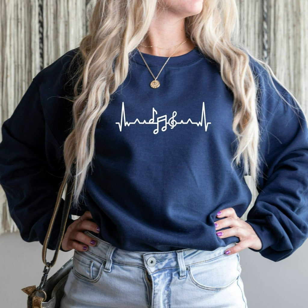 music teacher shirt crewneck sweatshirt, teacher appreciation gift, music lover, musical notes graphic tee, music heartbeat tshirt