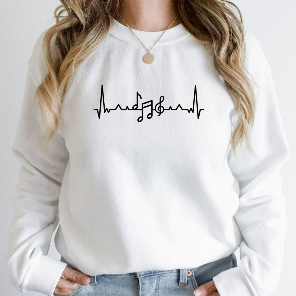 music teacher shirt crewneck sweatshirt, teacher appreciation gift, music lover, musical notes graphic tee, music heartbeat tshirt